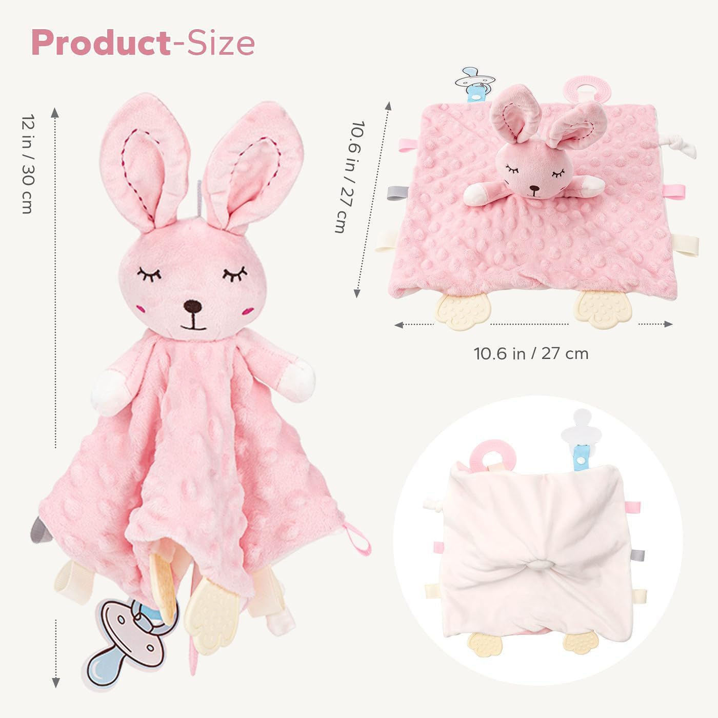 Detalle de ZIGJOY Baby Comforter with Crinkle Foil and Bell – Taggie Blanket Gift for Newborns (Pink Bunny)