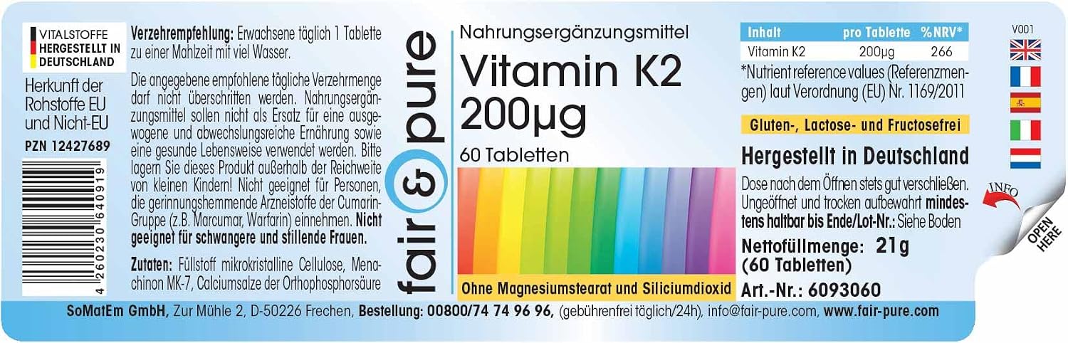 Detalle 2 de Fair & Pure Vitamin K2 200 µg – 60 Tabletten (MK-7) aus deutscher Herstellung, vegan