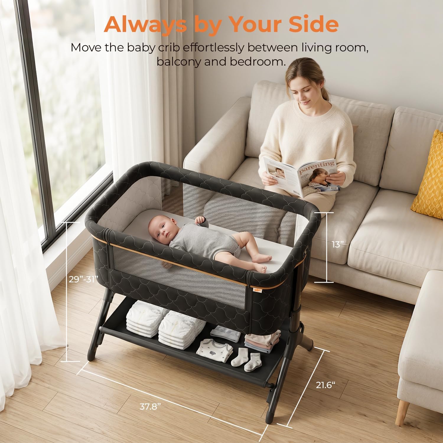 Thumbnail 5 de Pamo babe 3-in-1 Foldable Bedside Bassinet with Wheels, Adjustable Height, Grey