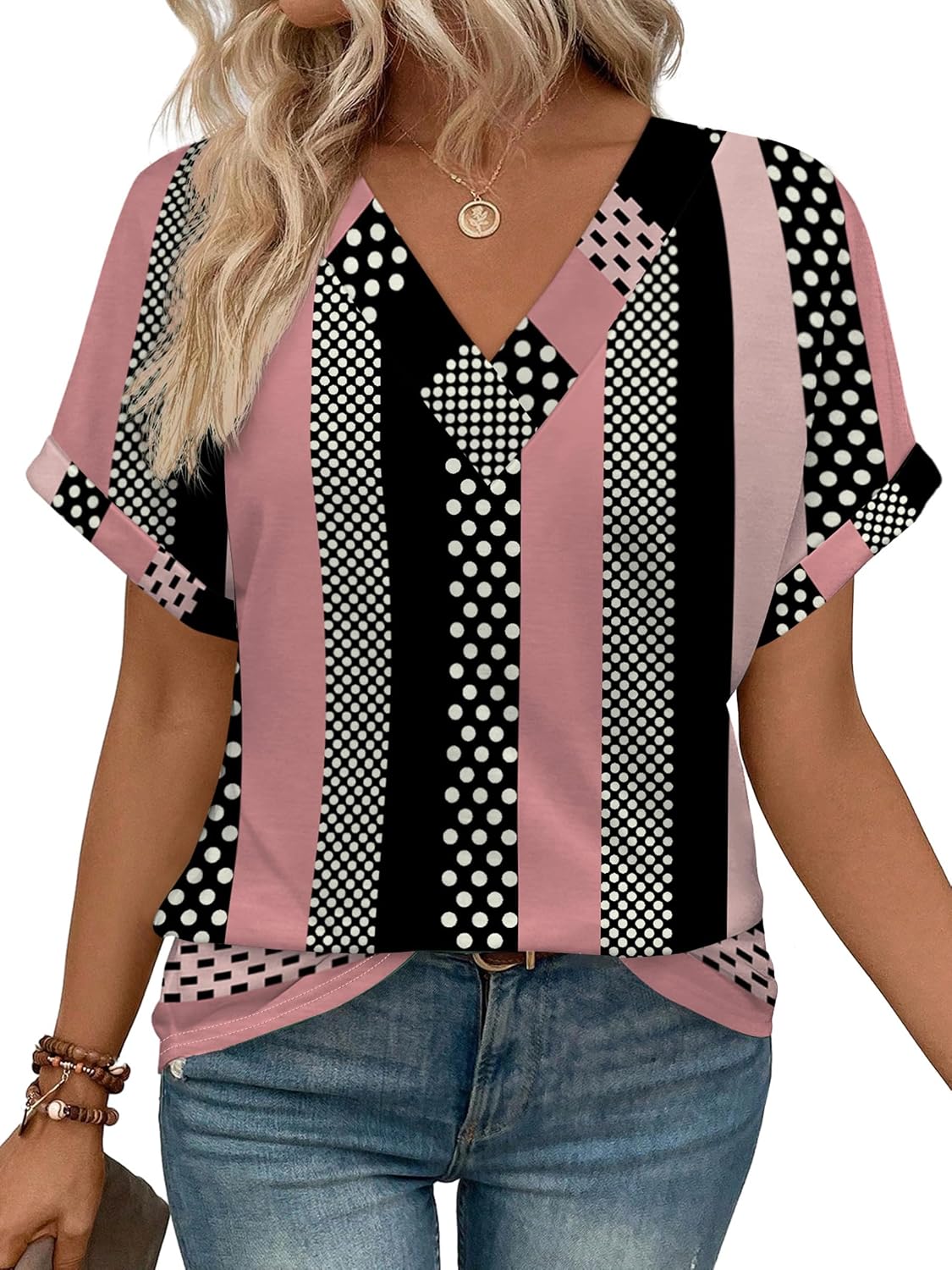Detalle de WIHOLL Women's Summer Tops: Short Dolman Sleeve V-Neck Tee (2026)