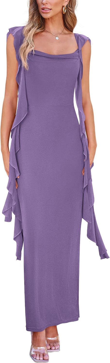 Detalle de PRETTYGARDEN Women's 2026 Summer Wedding Guest Dress - Sleeveless Ruffle Maxi Bodycon