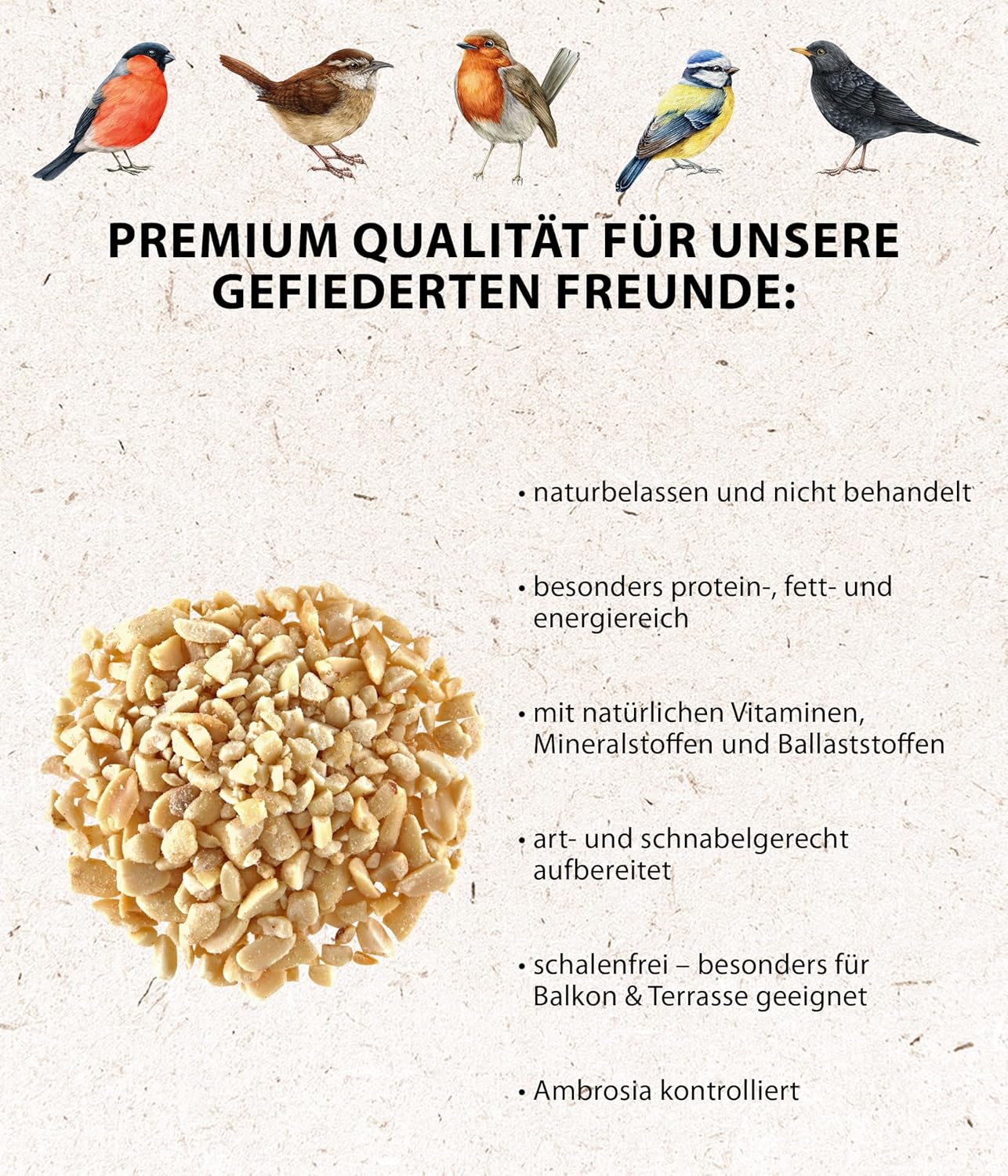 Detalle de Dehner Natura Premium Wildvogelfutter mit gehackten Erdnüssen, schalenfrei – Ganzjahresfutter für Wildvögel, 1 kg