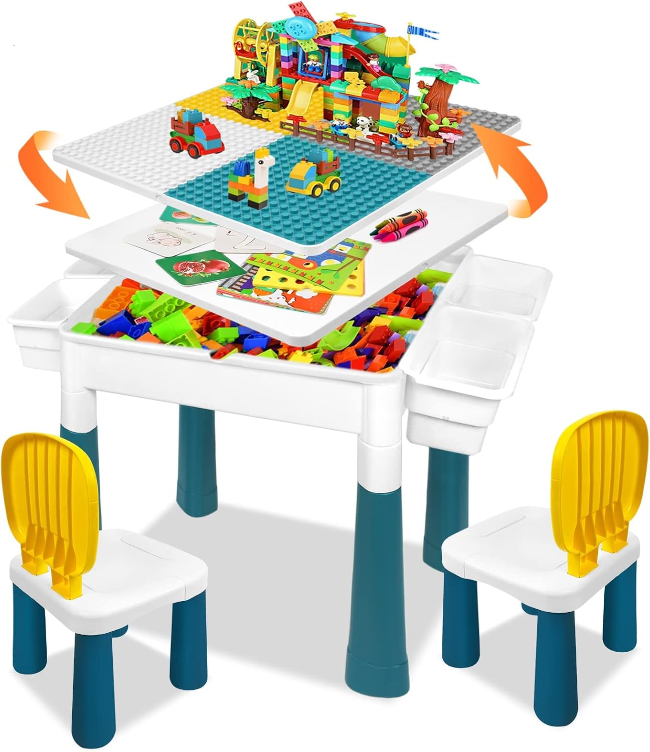 Detalle de LZQ 6-in-1 kindertafel met stoelen, bouwplaat en opbergruimte