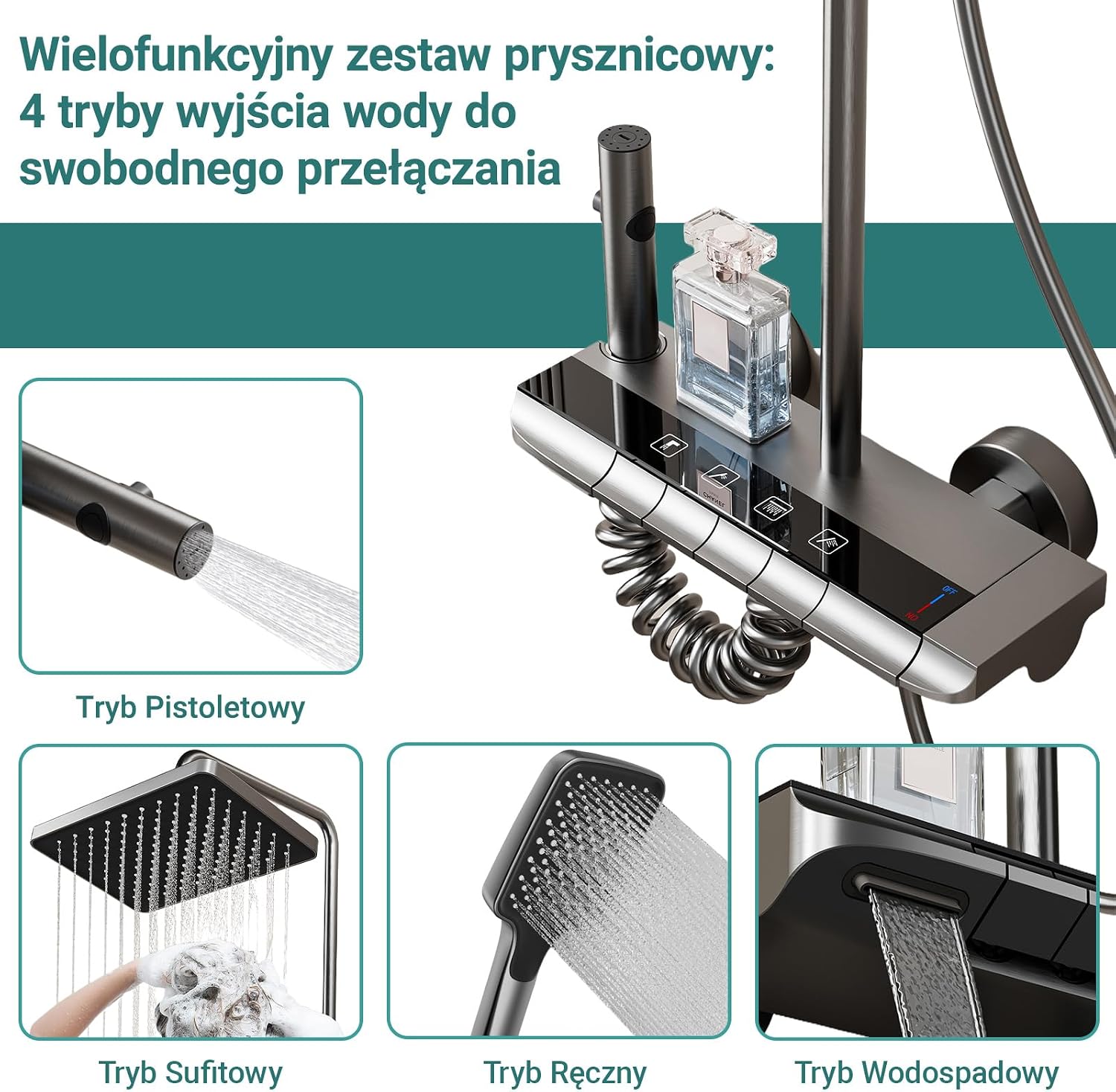 Detalle 2 de CAPRYSE 4171 – zestaw prysznicowy z baterią, przyciskami piano i deszczownicą