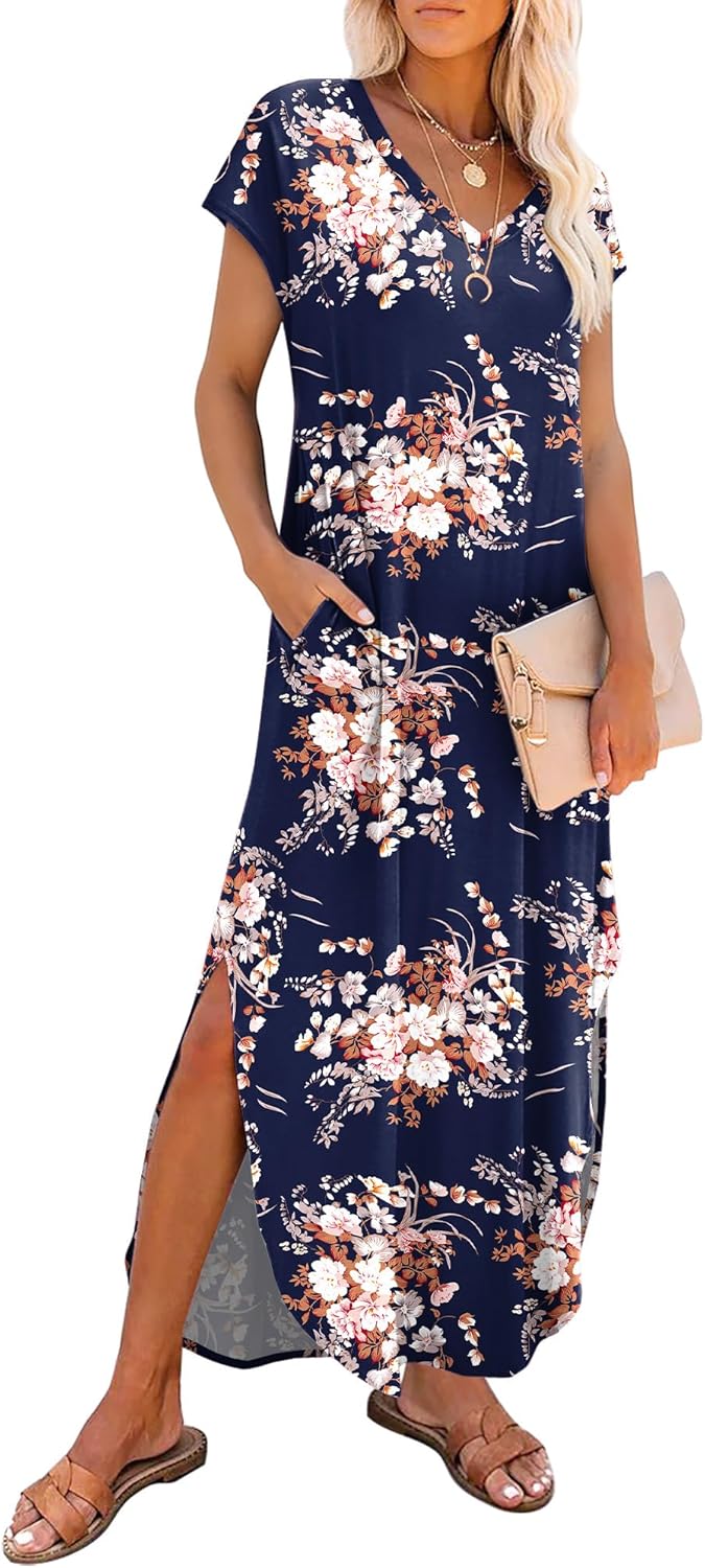 Detalle de RUMIA Summer Casual Maxi Dress for Women with V-Neck, Cap Sleeves, Pockets, and Boho Vibe