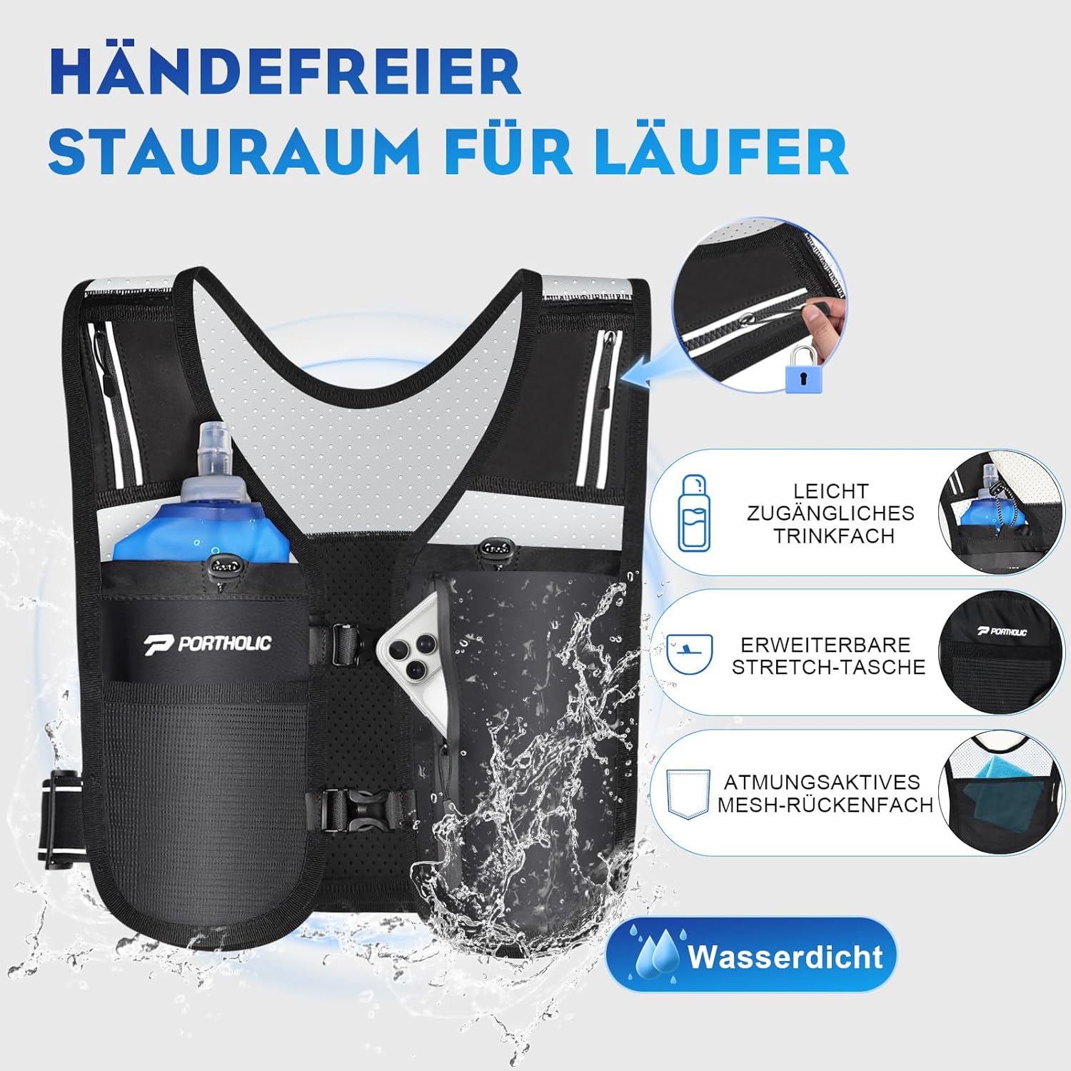 Thumbnail 1 de PORTHOLIC Laufweste Trinkweste mit 2×500 ml Softflaschen, LED & 360° Reflexstreifen