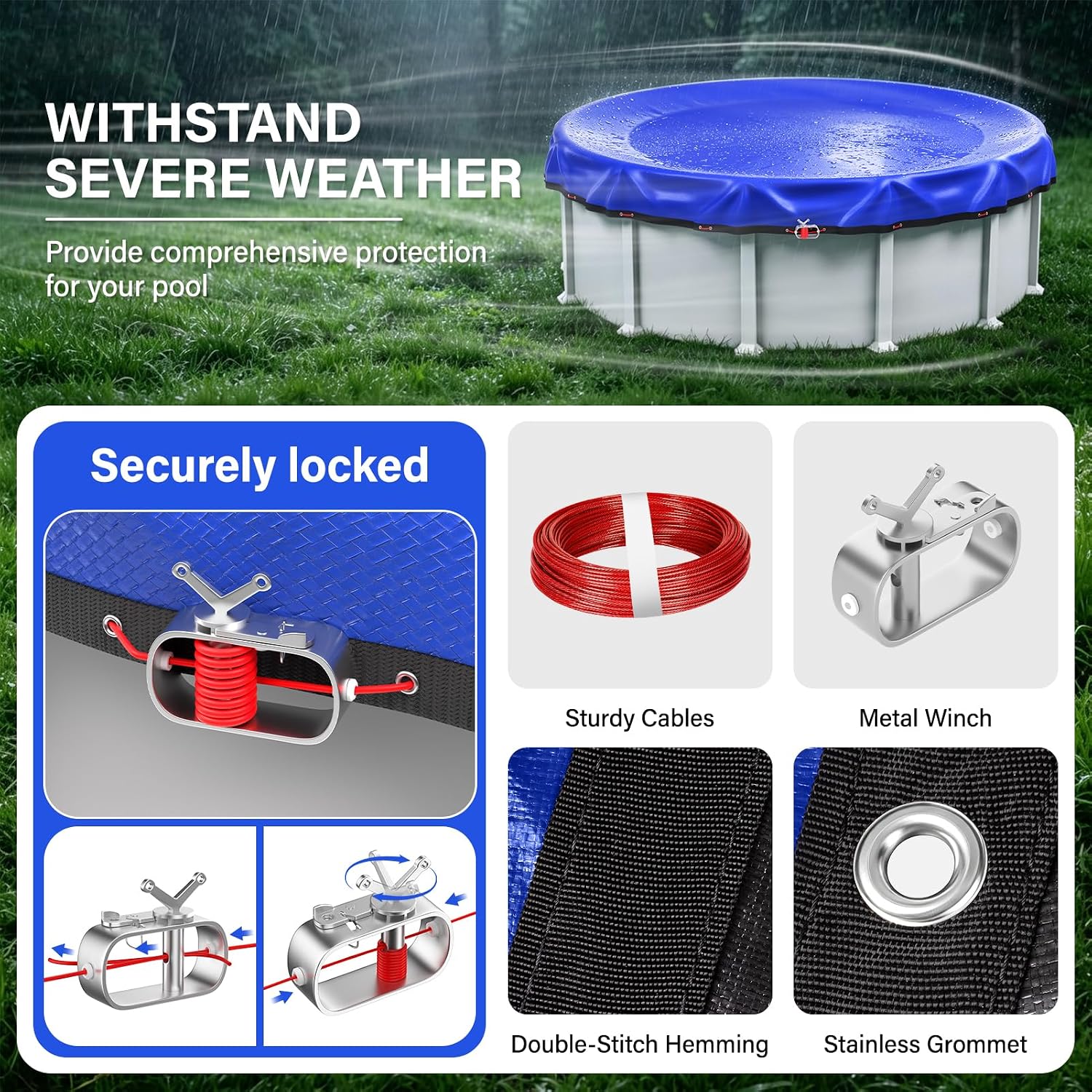Detalle de TIXANF T-PC-28 24-Foot Round Winter Pool Cover, Blue, with Winch and Cable