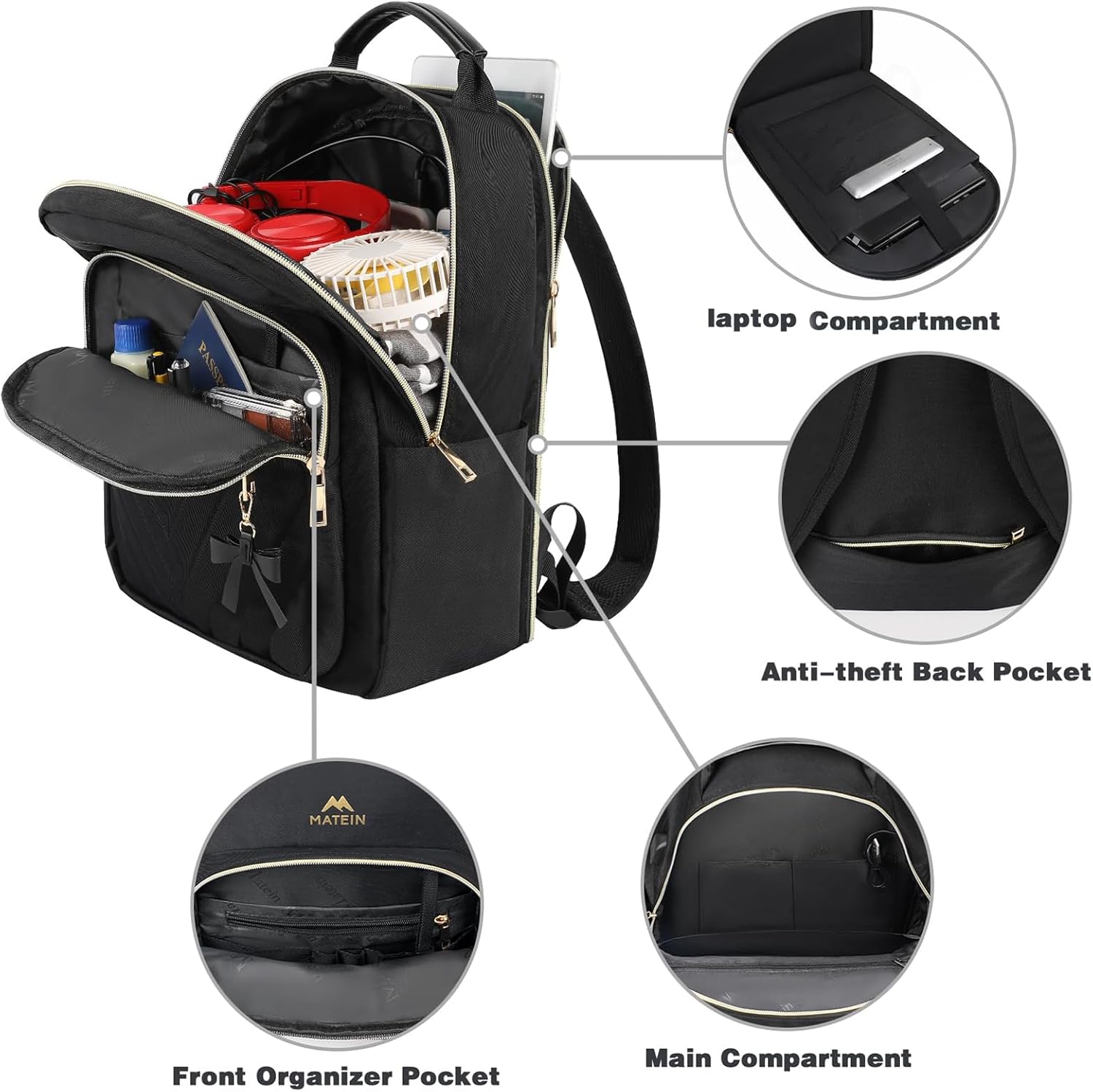 Detalle 2 de MATEIN Damen-Rucksack Klein 2-in-1 Set mit Geldbeutel, wasserdicht, mit USB-Ladeanschluss (bis 13,3 Zoll) – Schwarz