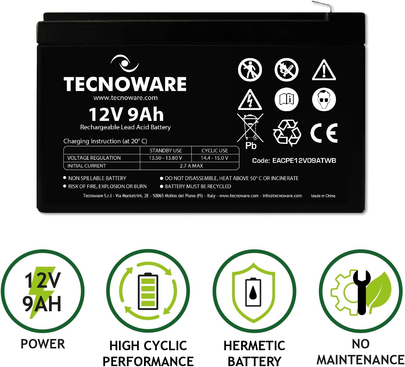 Detalle 2 de Tecnoware Power Systems Ersatzbatterie für USV: 12V 9Ah (Faston 6,3 mm), plombiert, kompakt