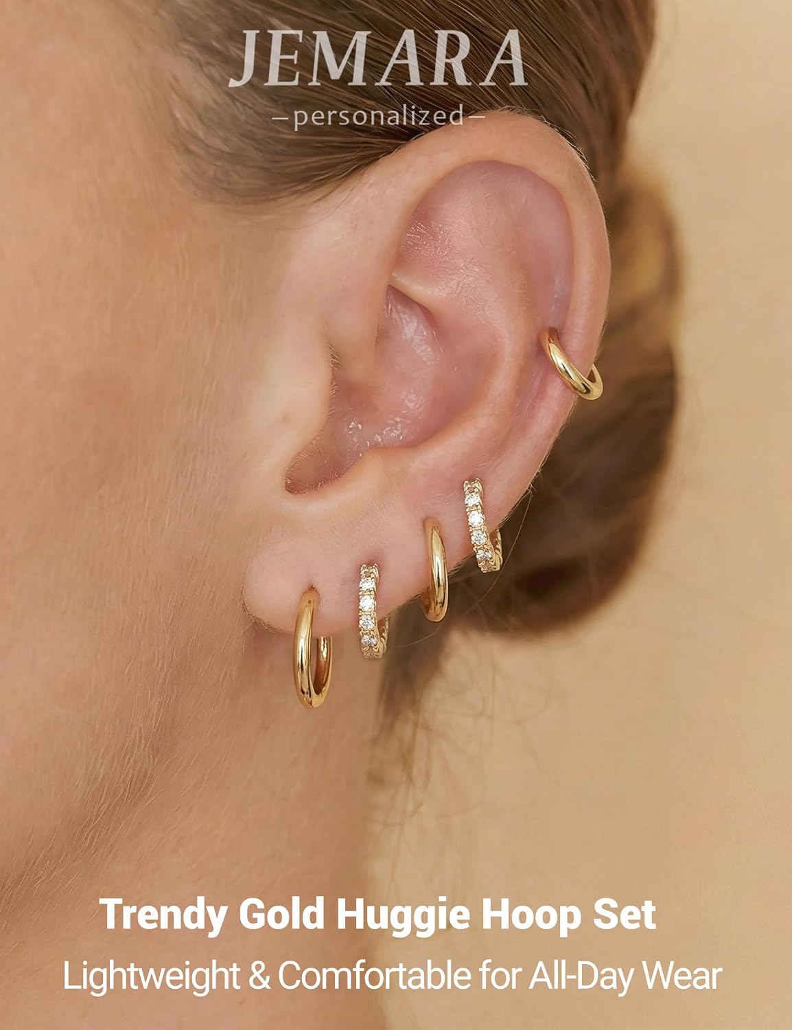 Detalle de JEMARA Gold Hoops Earrings – 5 Pairs of 14K Gold Plated Hypoallergenic Small Hoops