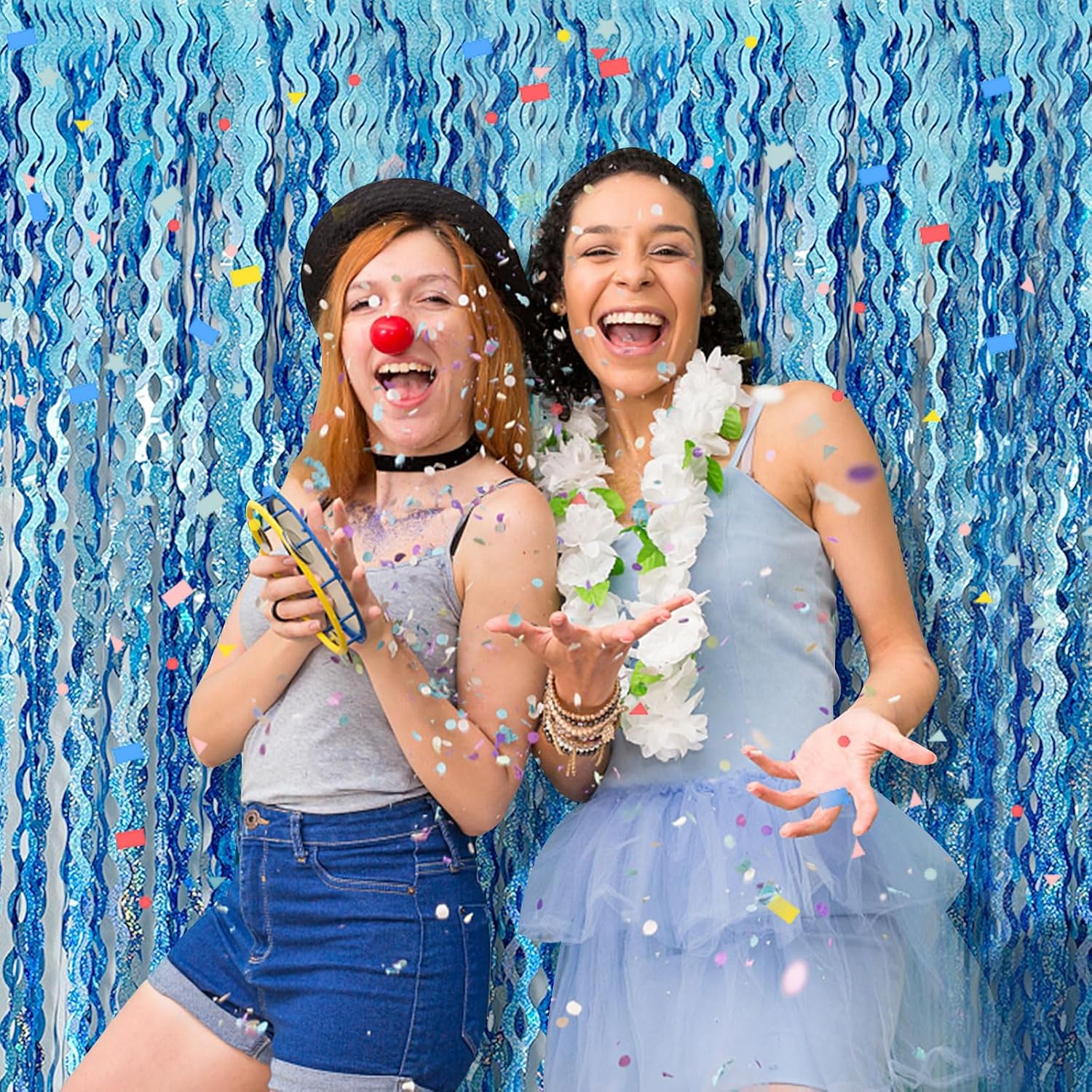 Detalle de BOMSI Party2-10 Light Blue Wavy Foil Fringe Backdrop, 2-Pack