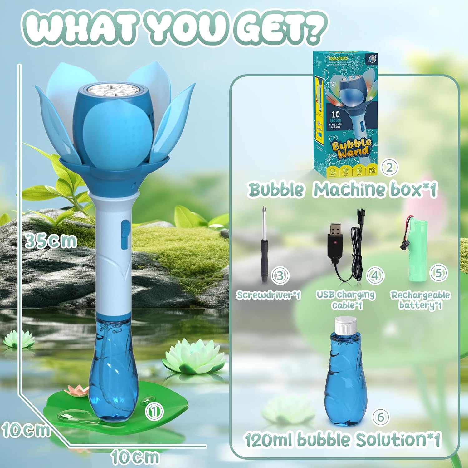 Thumbnail 5 de PANACARE Blumen Seifenblasenstab (elektronische Seifenblasenmaschine) für Kinder – Akku, Licht, 10 Löcher, blau