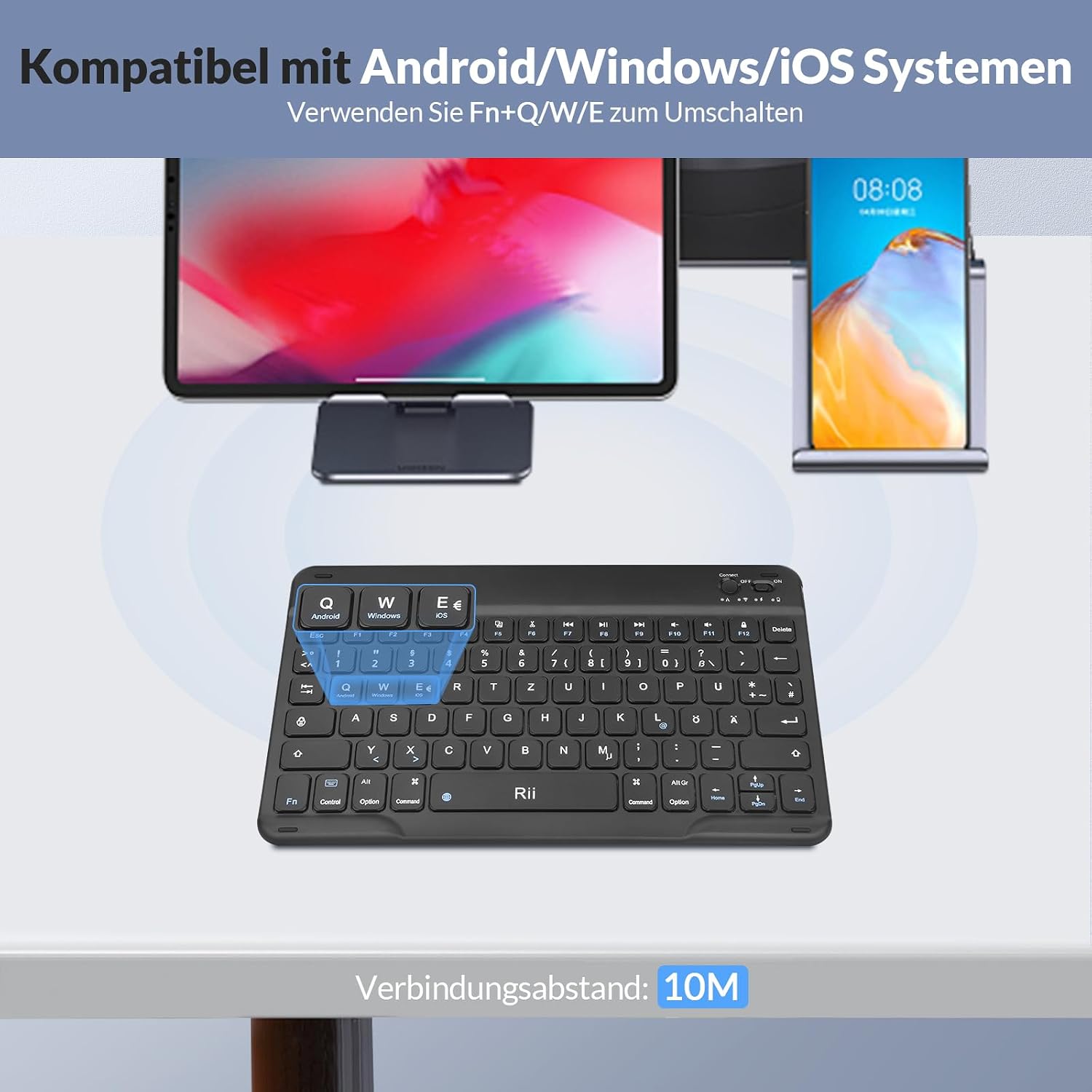 Detalle de Rii Bluetooth Tastatur für Tablet – ultradünne Slim-Tastatur mit Scissor-Mechanik, QWERTZ, wiederaufladbar (schwarz)