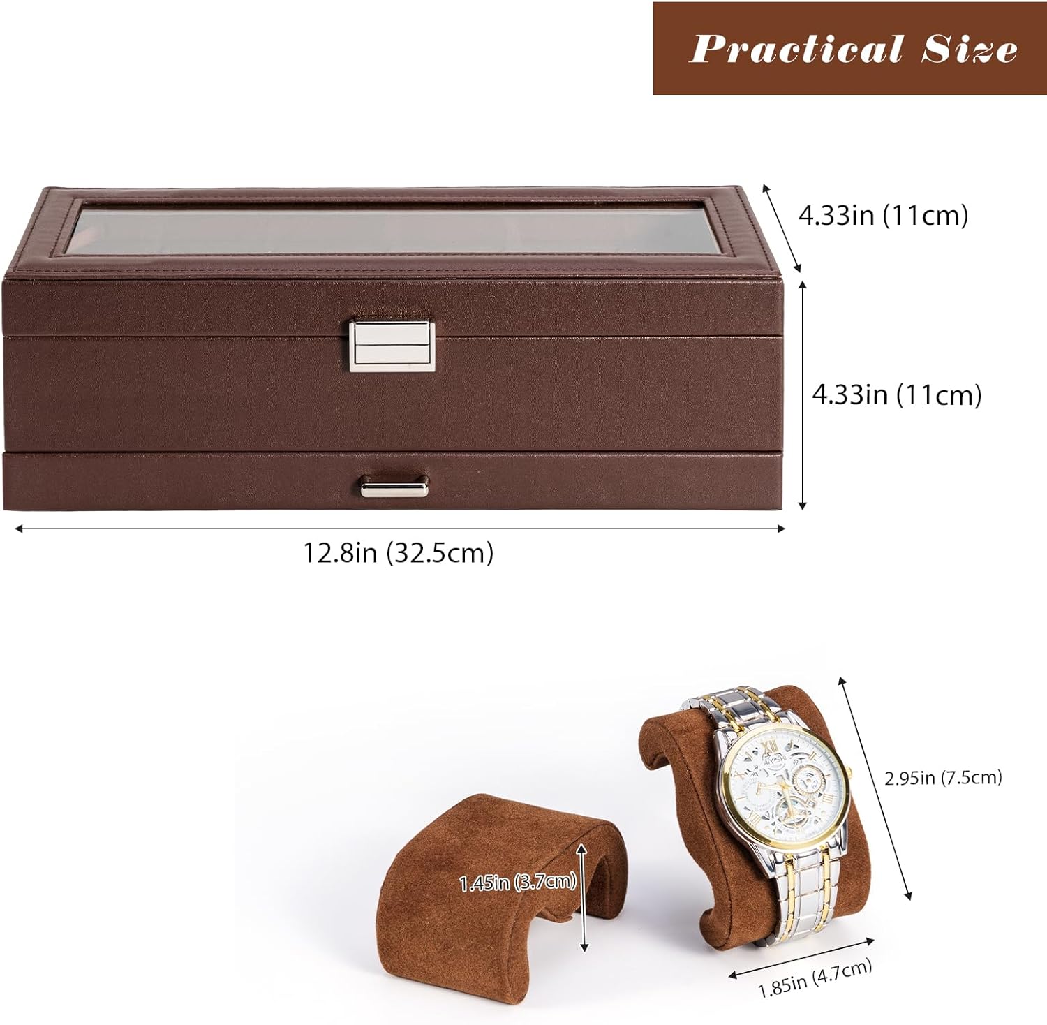 Detalle de ProCase caja de relojes de 6 ranuras con cajón y tapa de cristal (2 capas) – café