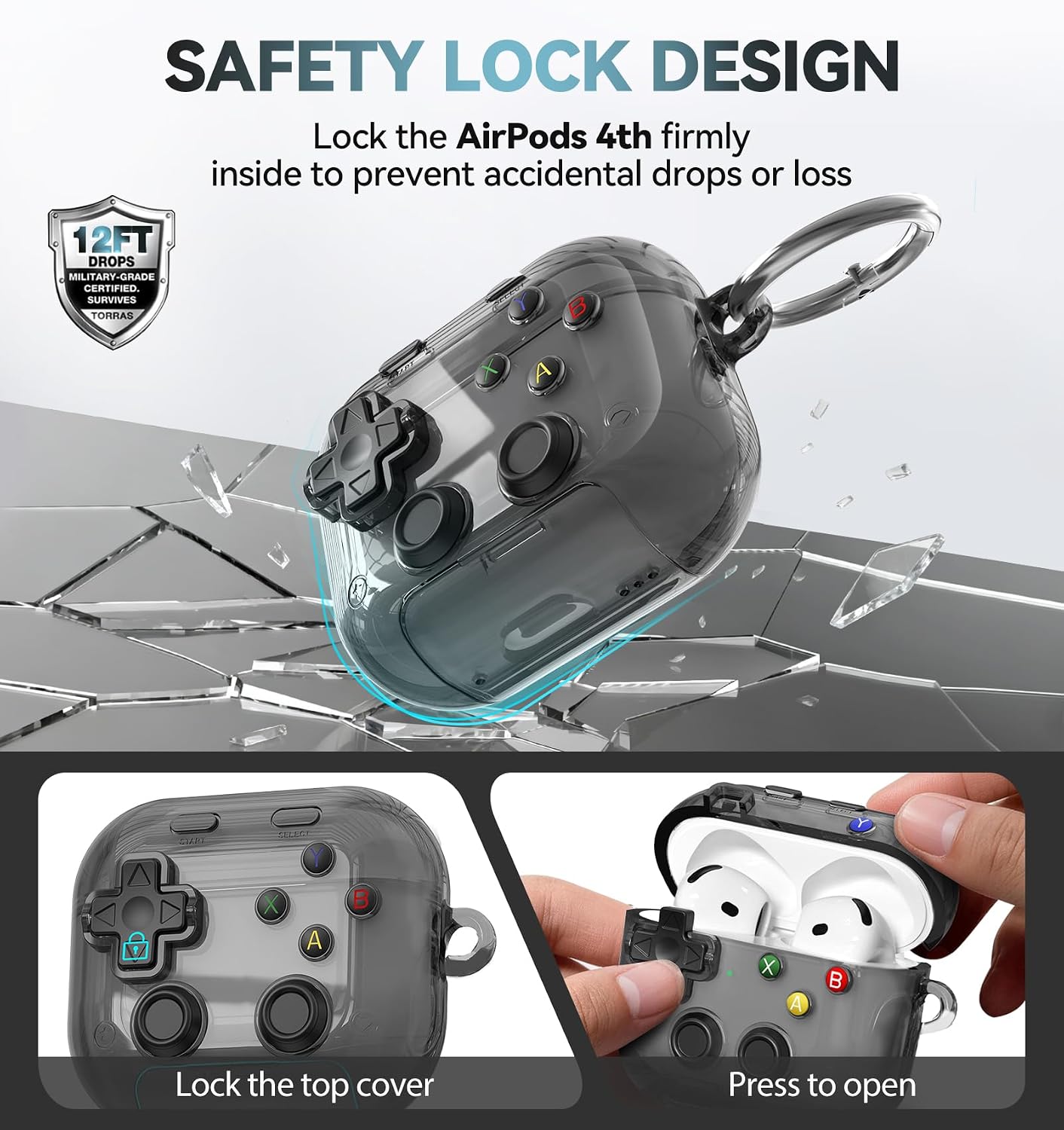 Detalle de Polislime AirPods 4 Case Cover (2024) with Safety Lock, Pressable Button, and Built-in Phone Stand