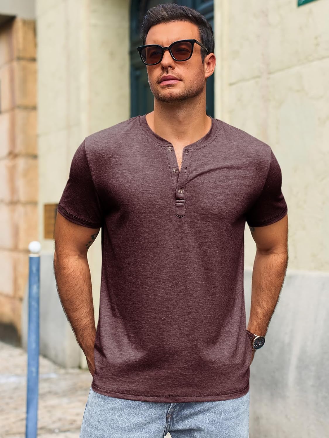 Thumbnail 1 de Runcati Herren T-Shirt Henley Kurzarm – Regular Fit, Einfarbig