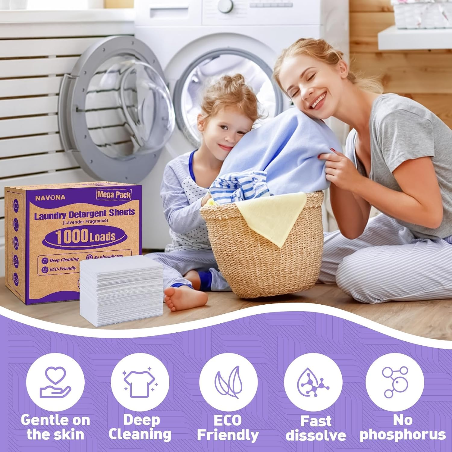 Detalle 2 de Navona 1000 Loads Mega Pack Laundry Detergent Sheets, Lavender Scent