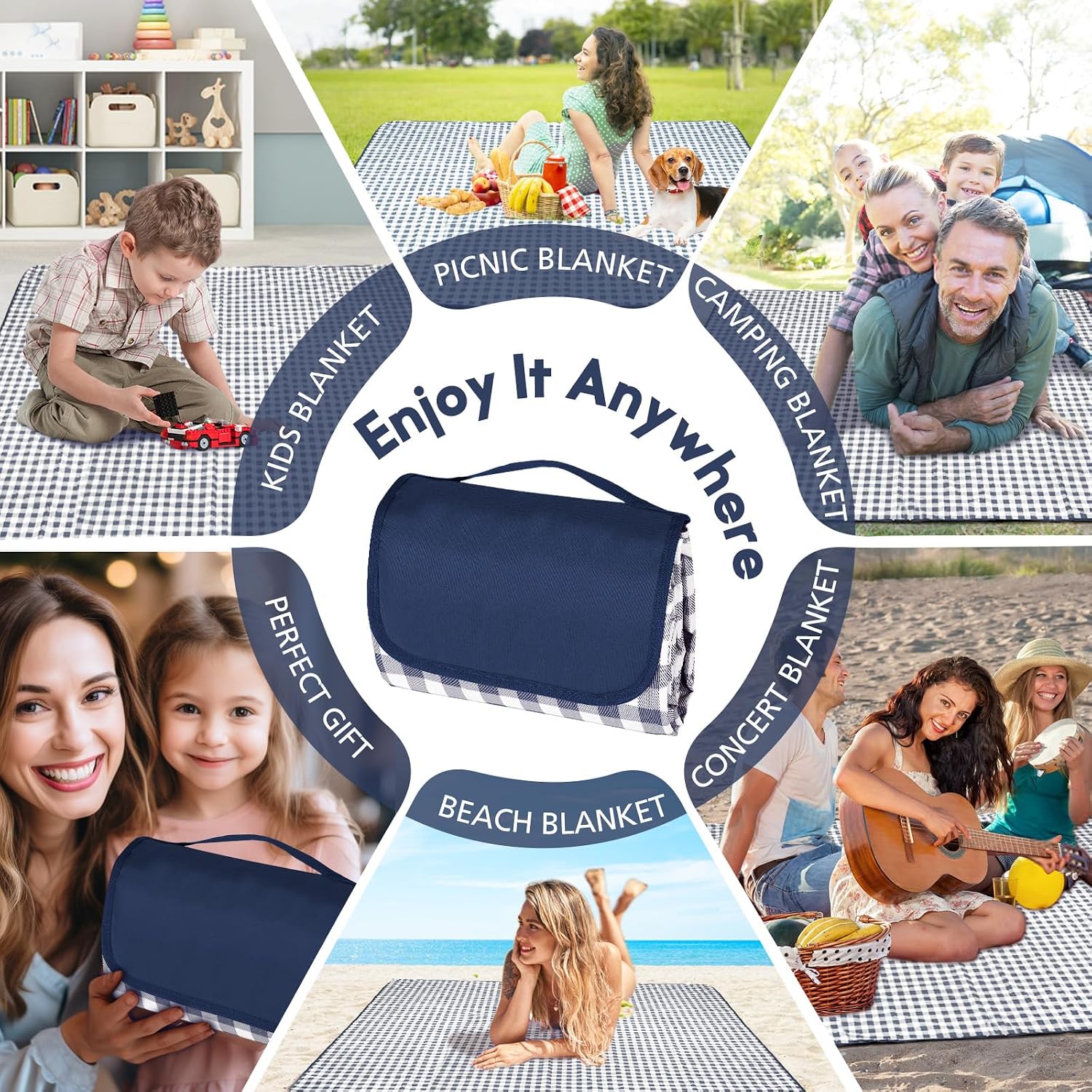 Detalle 2 de Anyiner Picnic Blanket Waterproof 300 x 200 cm (Blue Plaid) – Sand-proof, slip-resistant travel rug