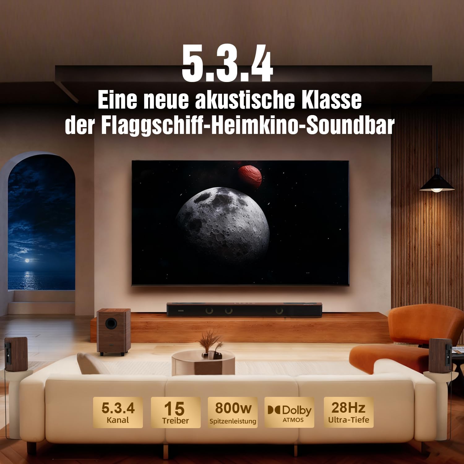 Detalle 2 de Flaggschiff 5.3.4 Soundbar mit Dolby Atmos, 800W Heimkino-Set & kabellosen Rear-Lautsprechern