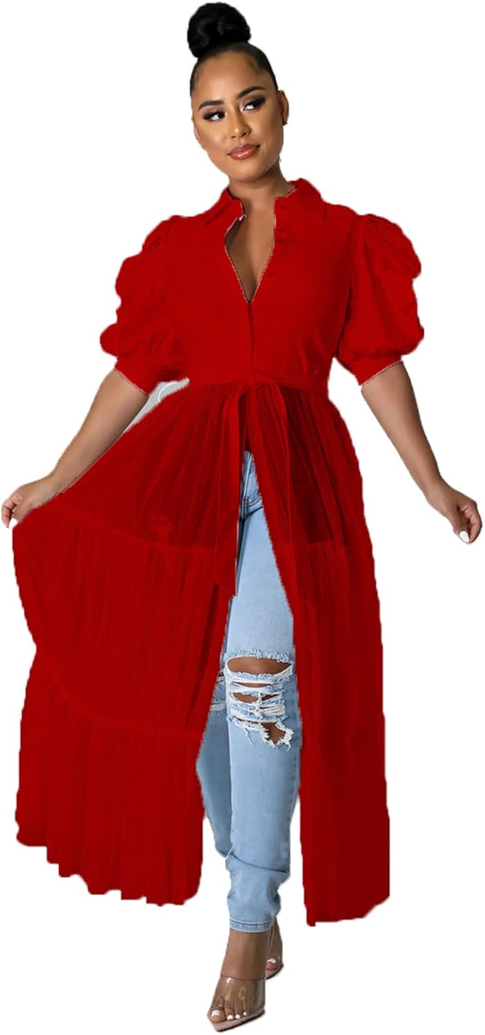 Thumbnail 4 de Ekaliy Women Sexy Short Sleeve Bodycon High Low Asymmetrical Ruffle Tunics Blouse Top Dress