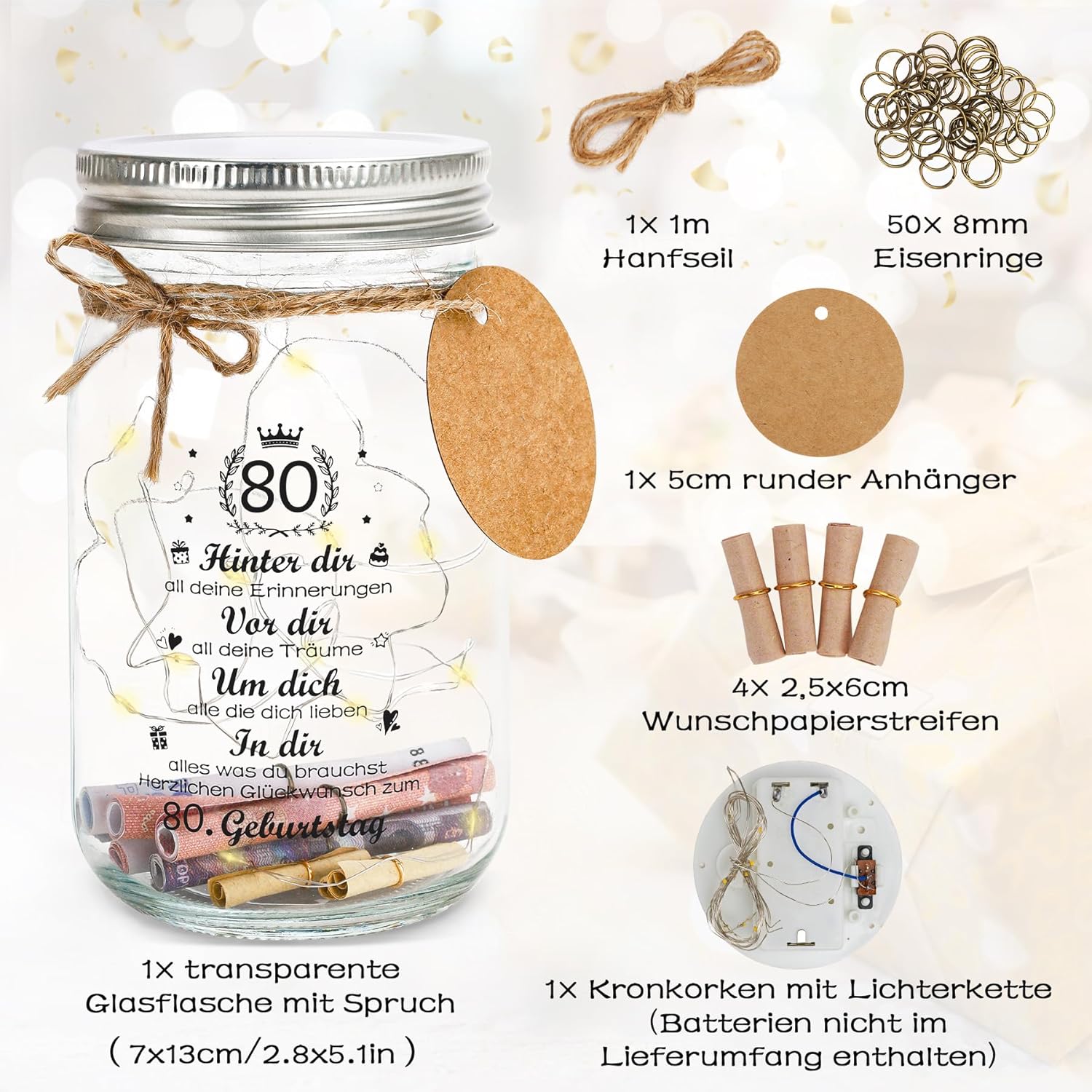 Thumbnail 1 de 18. Geburtstagsgeschenk Geld-Leuchtflasche LED Flaschenlicht (transparentes Glas, personalisierbar) – für 18 Jahre