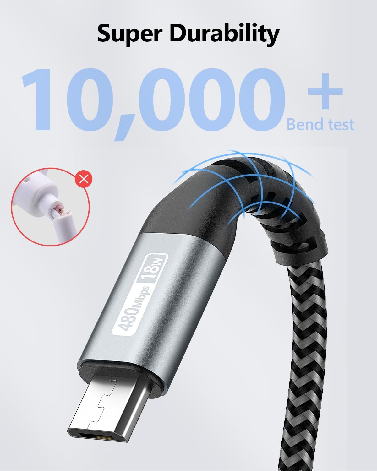 Thumbnail 3 de SUNGUY Pack de 3 câbles micro-USB courts 1FT/0,3 m pour charge et synchronisation