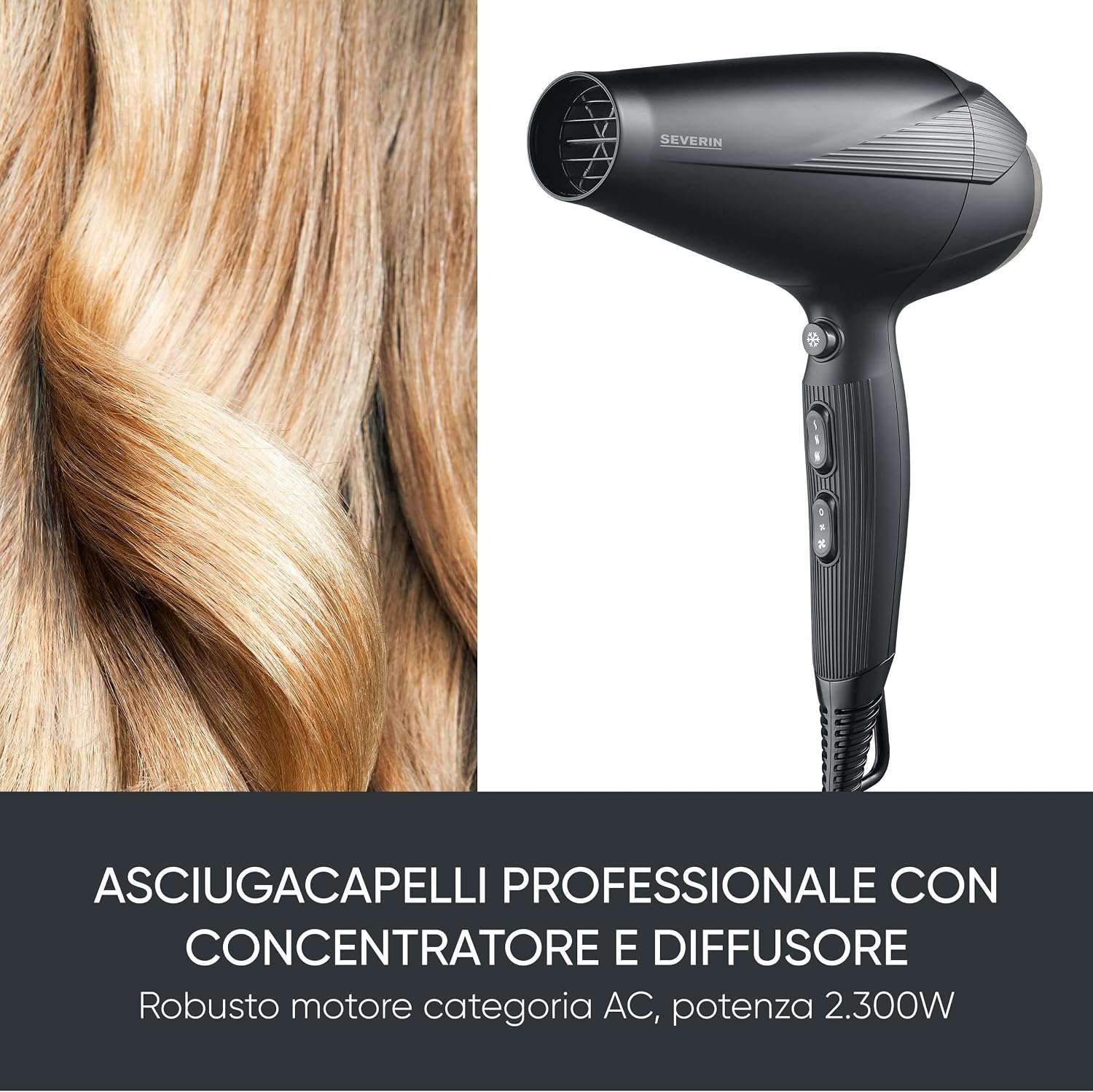 Detalle 2 de SEVERIN HT 0167 Asciugacapelli con Motore AC, 2300 W, Ionico, 3 Impostazioni + Freddo, Diffusore e Concentratore