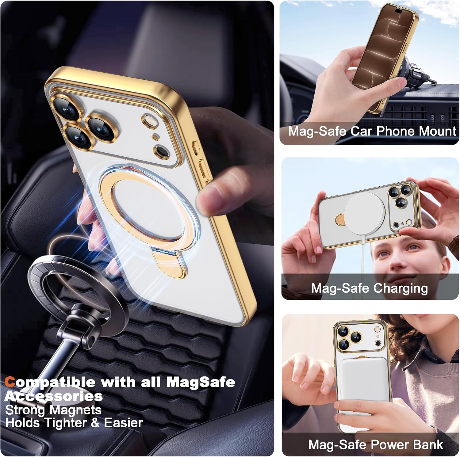 Detalle de ETPESOK Clear Case for iPhone 18 Pro, Gold Plating, Magnetic Ring Stand