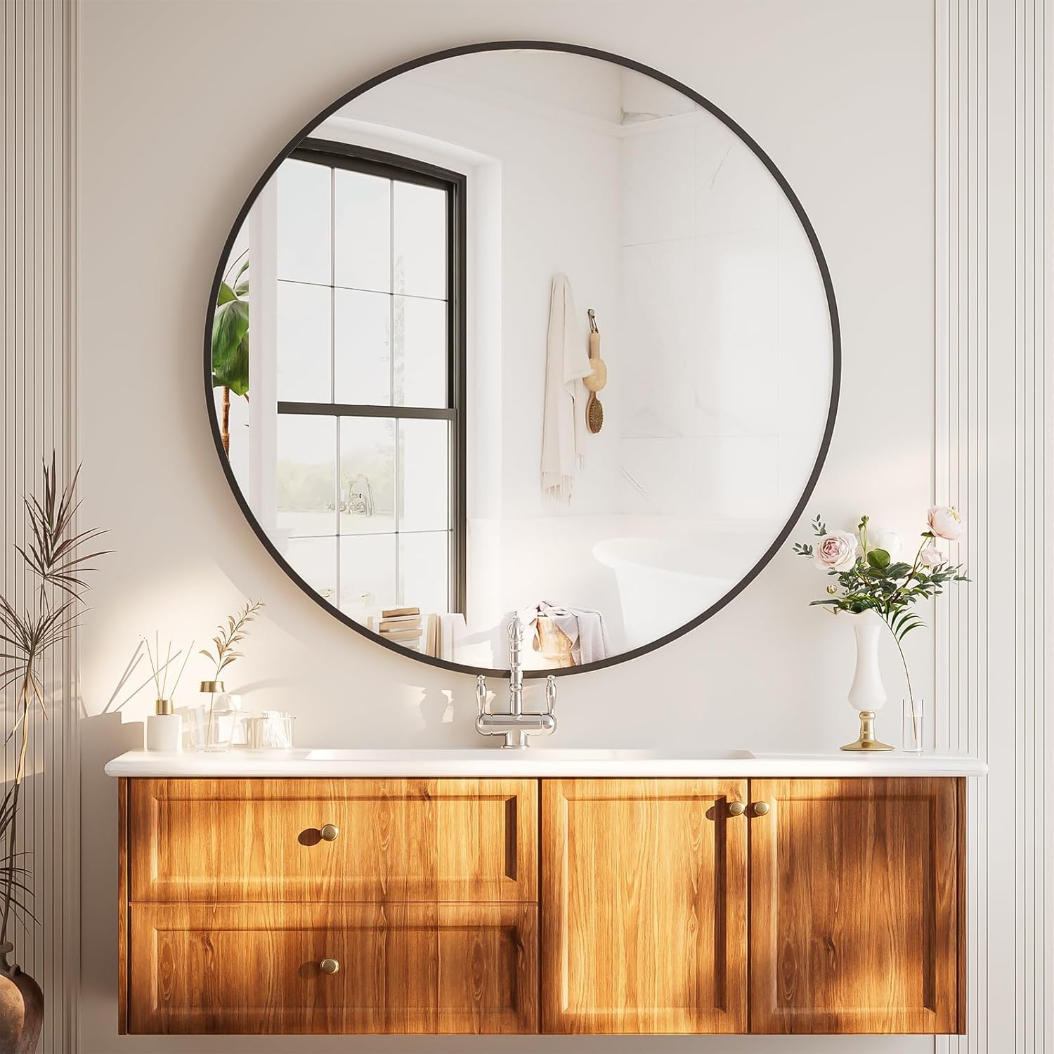 Detalle de BEAUTYPEAK 106 cm runder Wandspiegel mit bruchsicherem Glas und Aluminiumrahmen in Schwarz