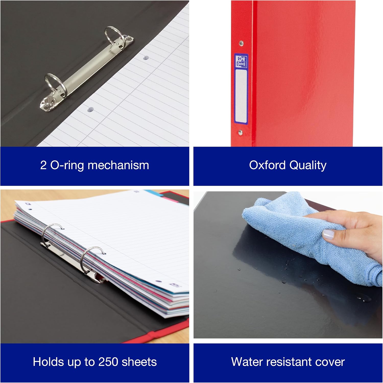 Detalle 2 de Oxford A4 Ring Binders 3-Pack (Glossy Red, Black & Blue) 40 mm Spines