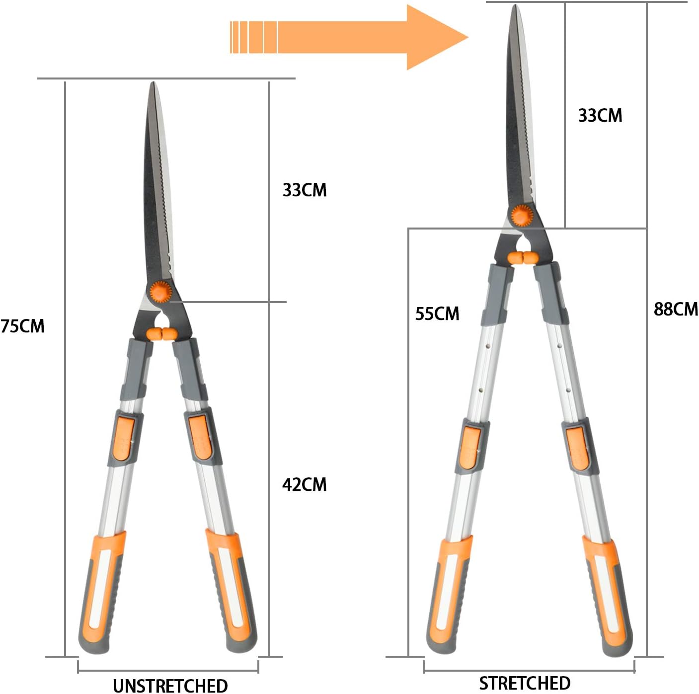 Detalle 2 de AIRAJ 75-88cm Telescopic Hedge Shears Heavy Duty – SK5 Steel Blade, Ergonomic Handles, Free Gloves & Secateurs