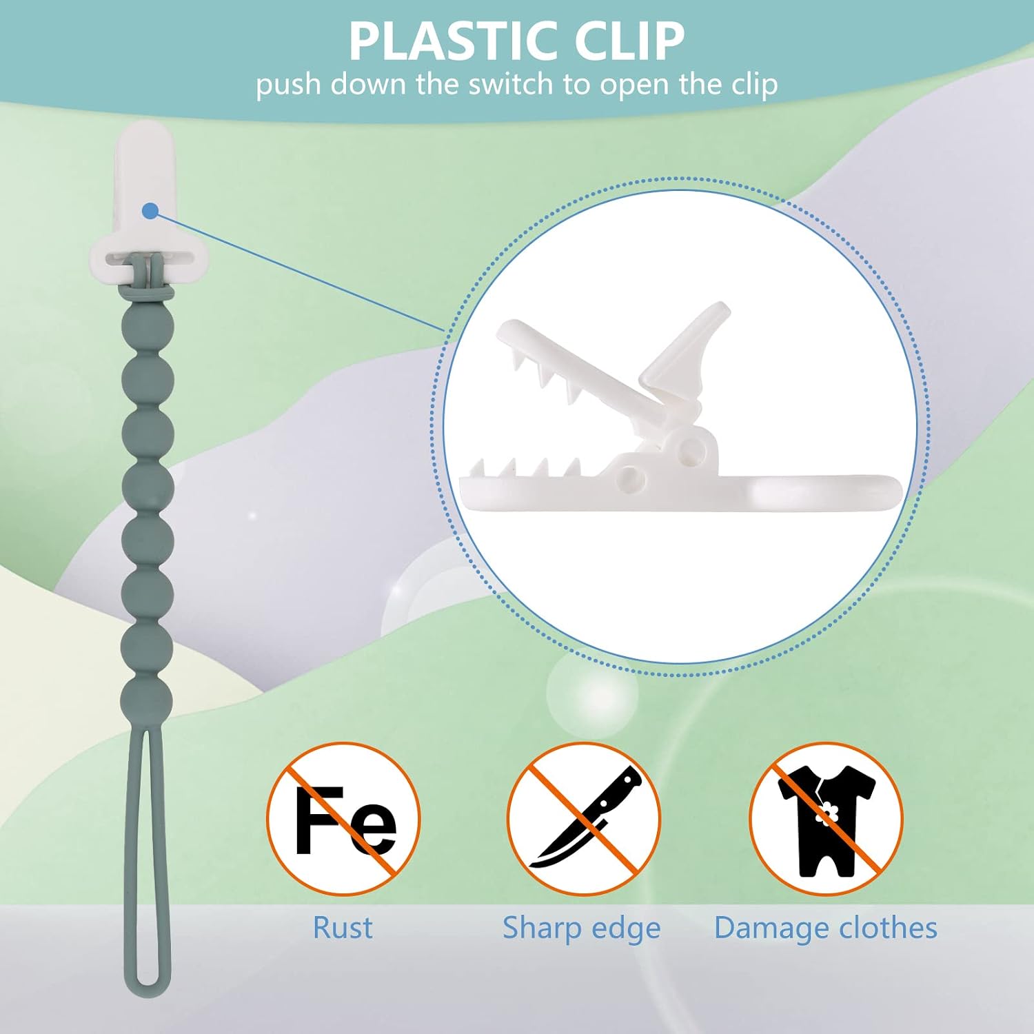 Detalle 2 de Slotic B007A1 Silicone Pacifier Clips, 4-Pack with One-Piece Beads, Gray