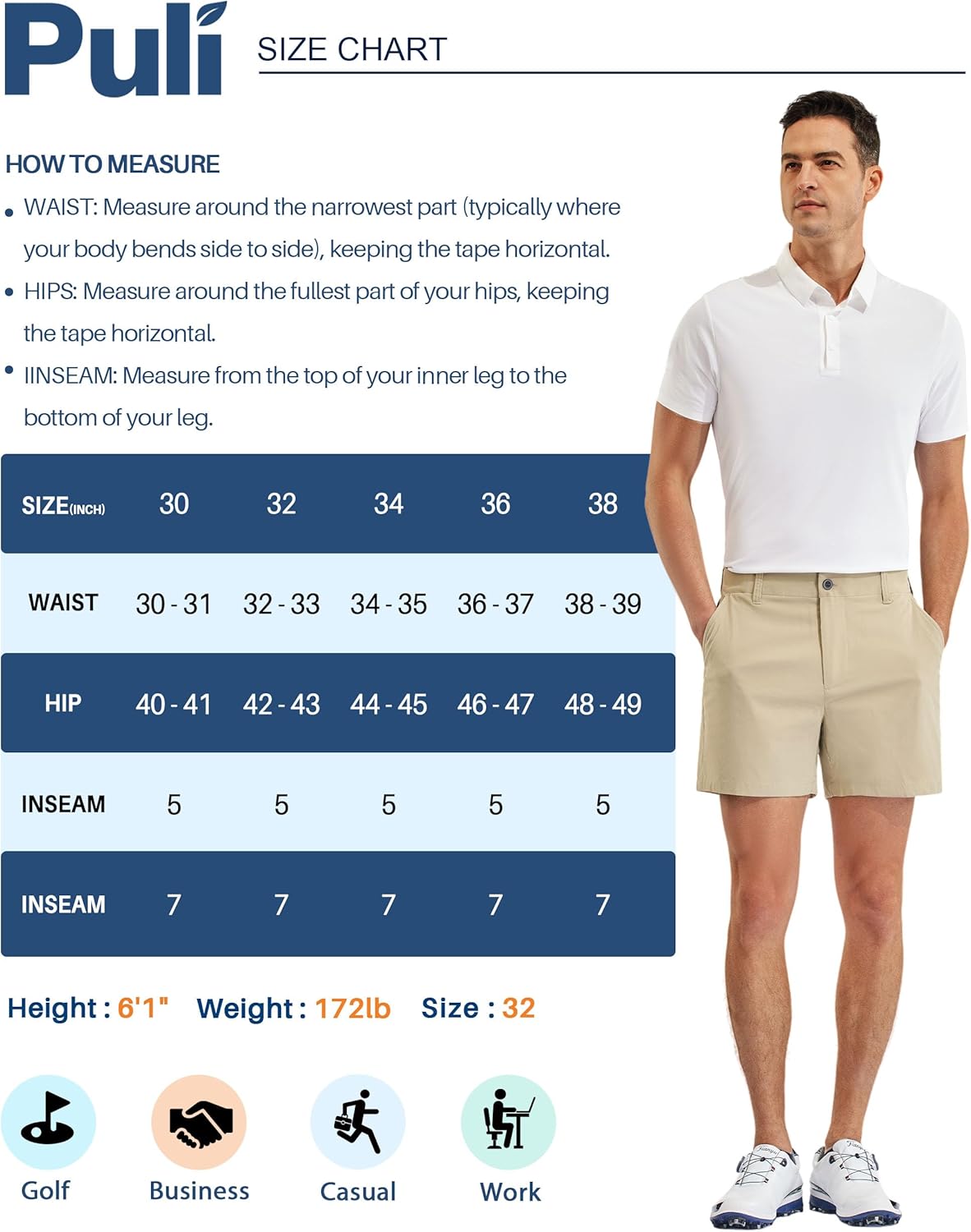 Detalle de PULI Golf Shorts for Men, Relaxed Fit Stretch 5-Inch Inseam (Waterproof, Quick-Dry & UPF 50+)