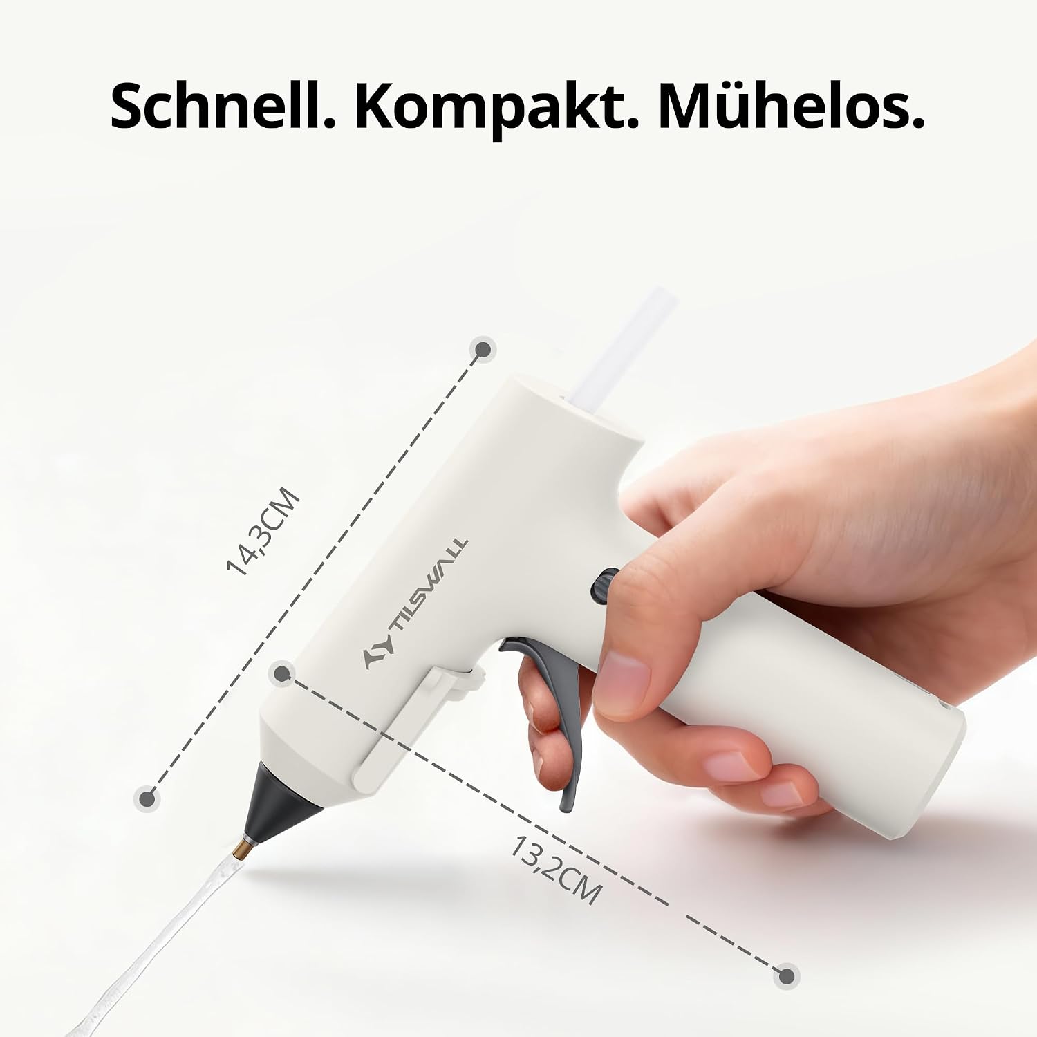Detalle de Tilswall kabellose Heißklebepistole mit Akku (2000 mAh) und 20 Premium-Klebesticks – 170 °C, weiß