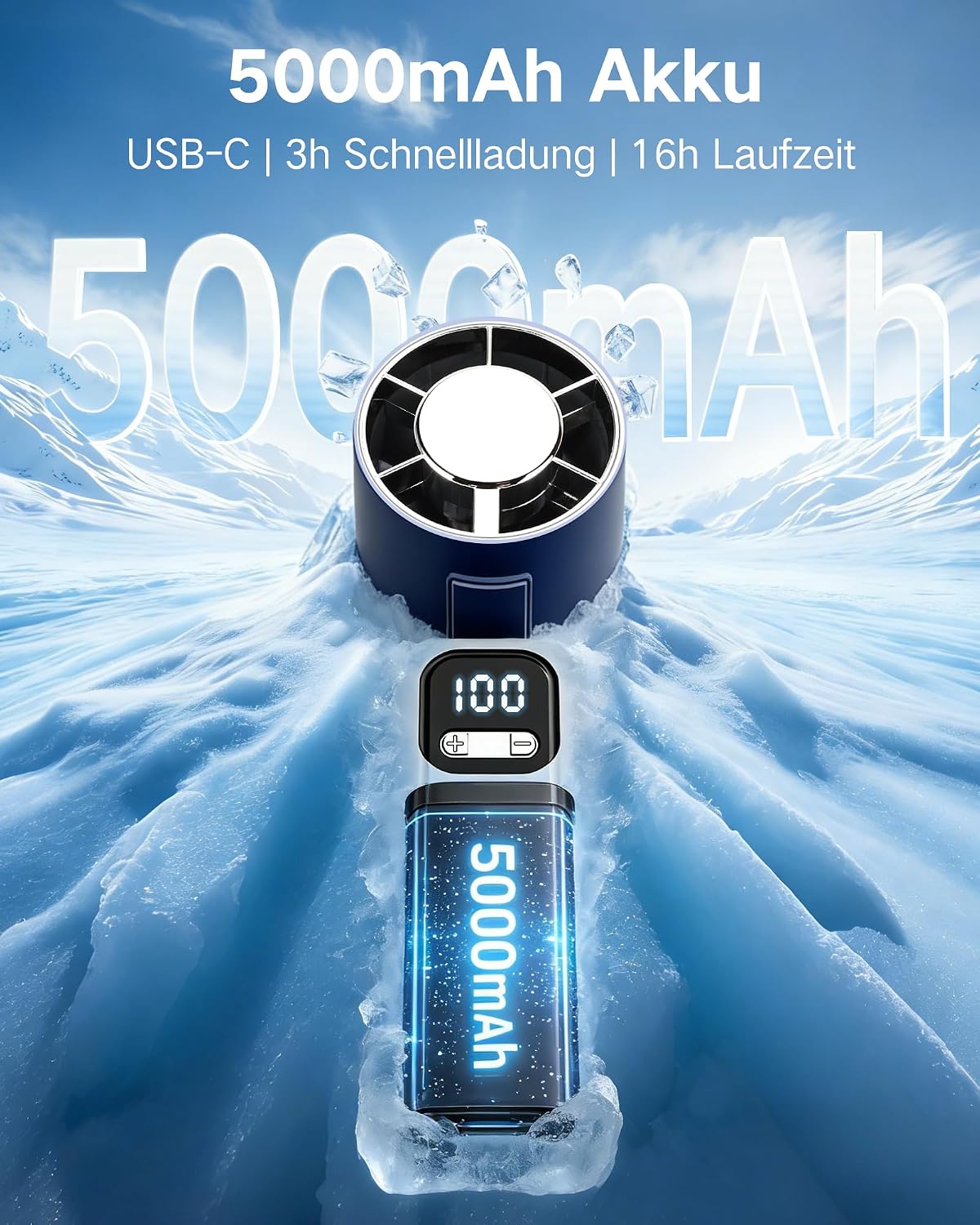 Detalle de Foumteex 2026 Neu: Tragbarer 3-in-1 Handventilator mit 16000 U/min, 5000 mAh Akku, USB-C Schnellladung und 16 Std. Laufzeit