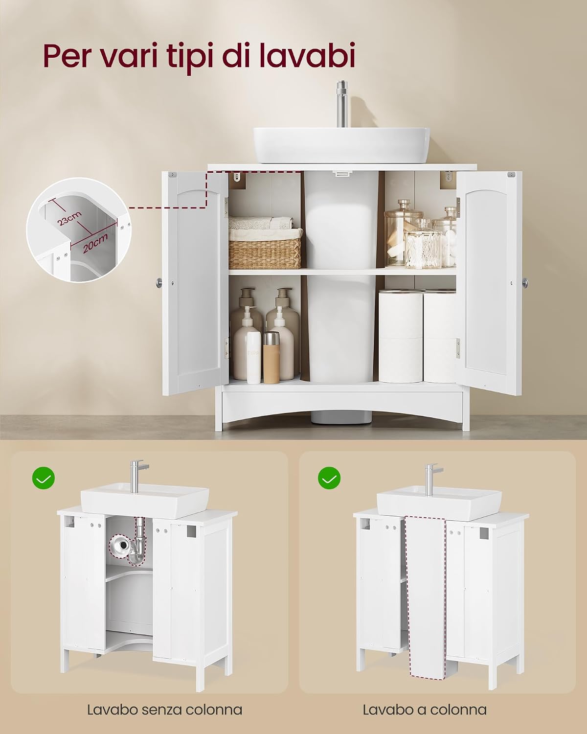 Thumbnail 4 de VASAGLE Mobile Sottolavabo con 2 Ante – 30 x 60 x 60 cm, Bianco Nuvola BBC100WH01