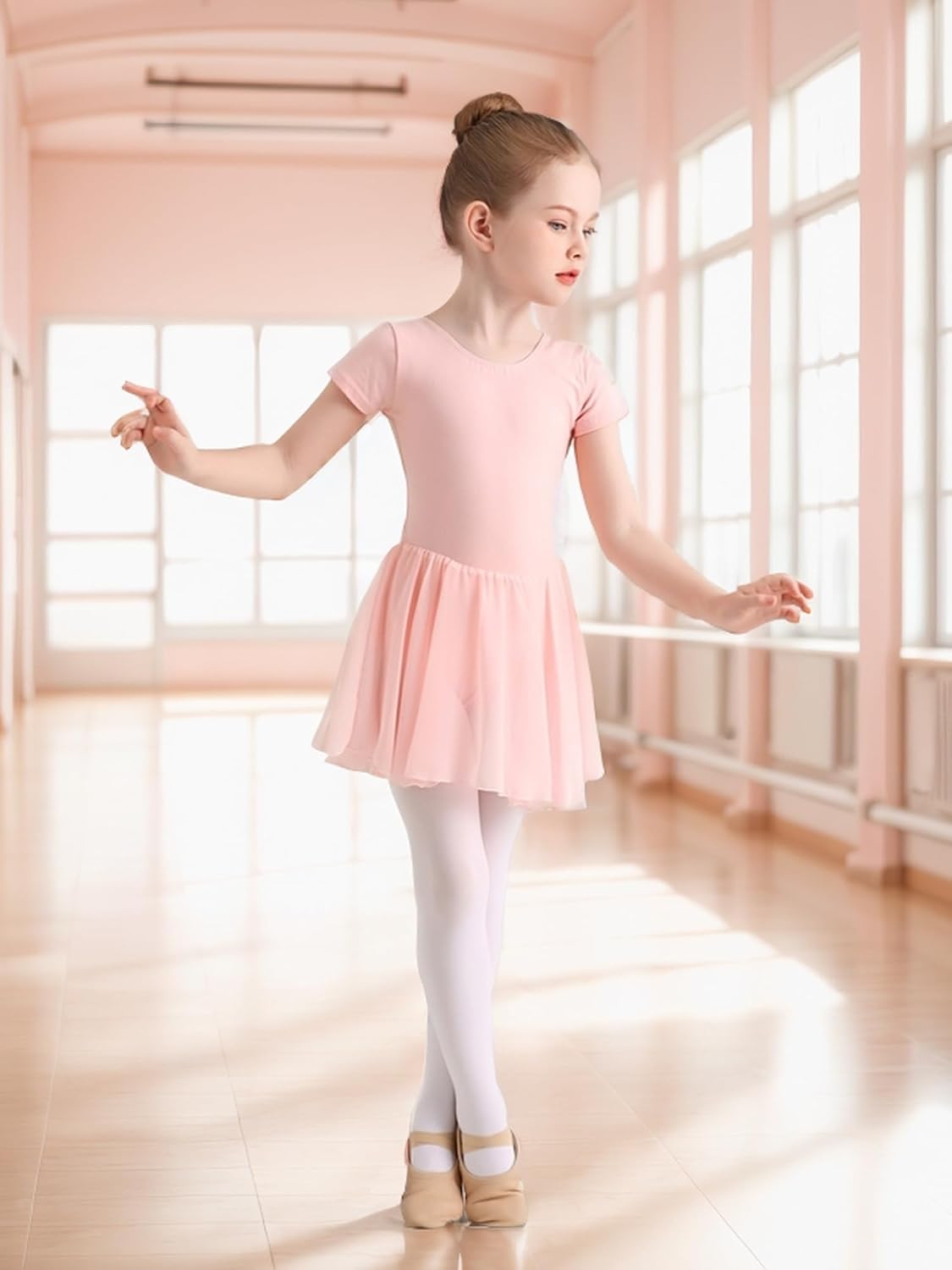 Detalle de Eisnnu Kinder Ballettkleidung Mädchen Baumwolle Kurzarm Tanzkleid mit Chiffon Rock, 2–11 Jahre