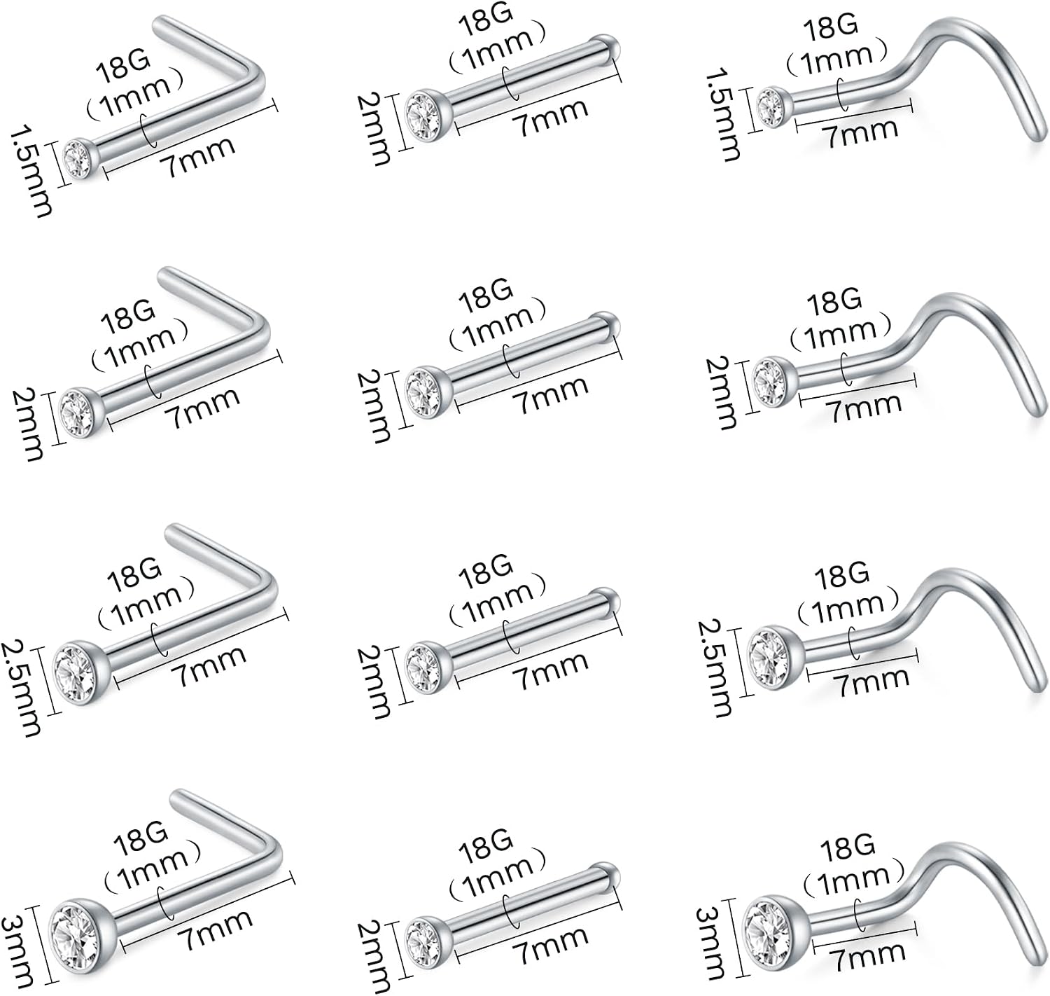 Thumbnail 1 de AVYRING 316L Stainless Steel Nose Rings (L-Shaped Nose Stud Screws) with Cubic Zirconia – 22G/20G/18G, 18 or 24 Pack