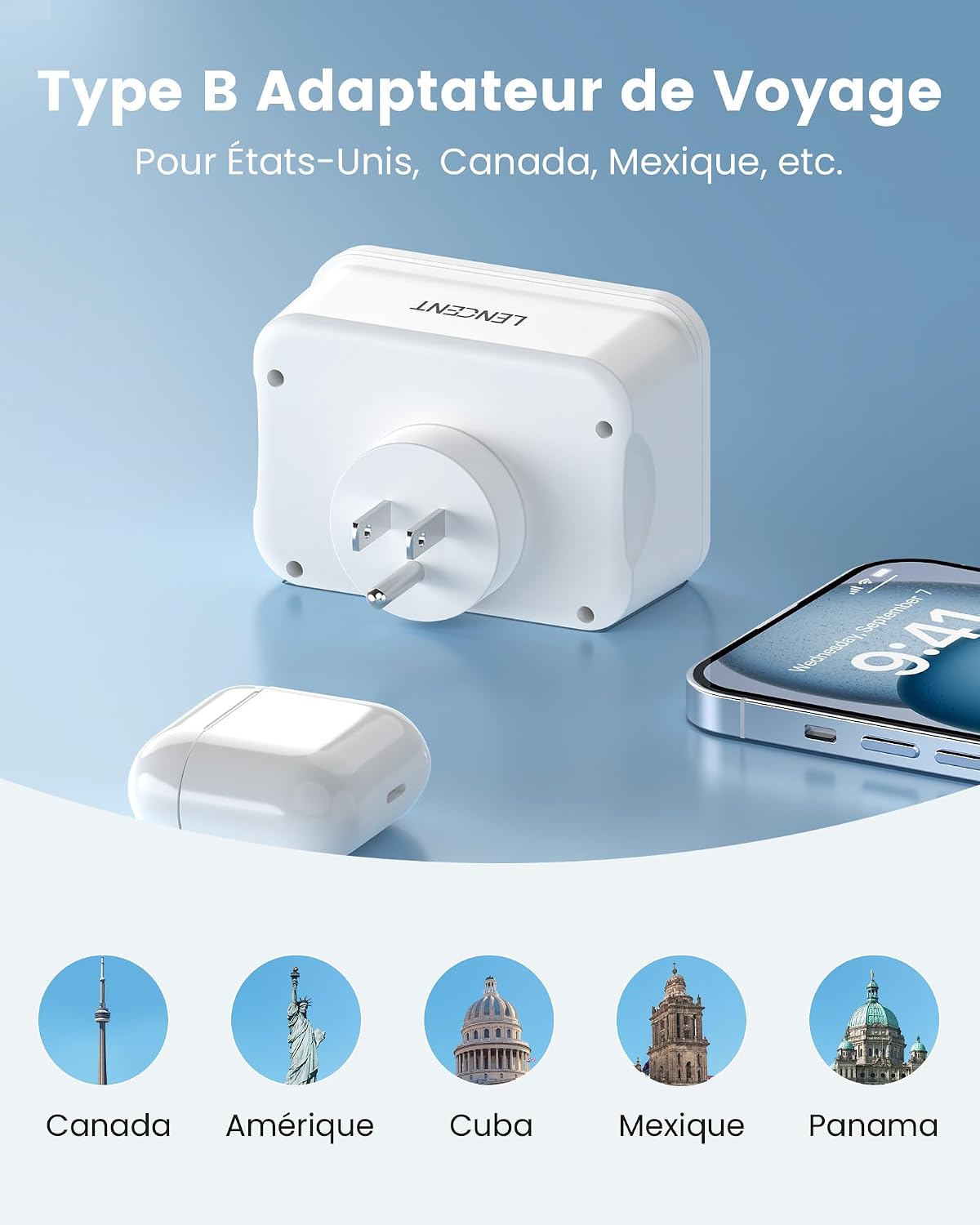 Detalle de LENCENT reisadapter type B met Franse stopcontacten en 2 USB-A- en 2 USB-C-poorten