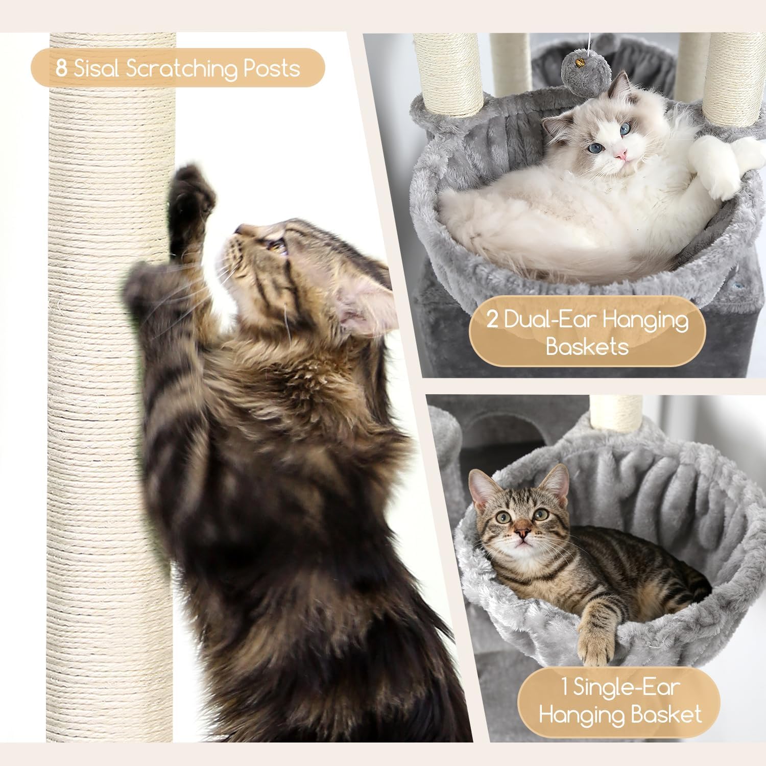 Thumbnail 3 de Globlazer Kratzbaum Groß XXL S82 (209 cm) mit 2 Katzenhäusern, 3 Körben & 8 Sisal-Kratzsäulen – hellgrau