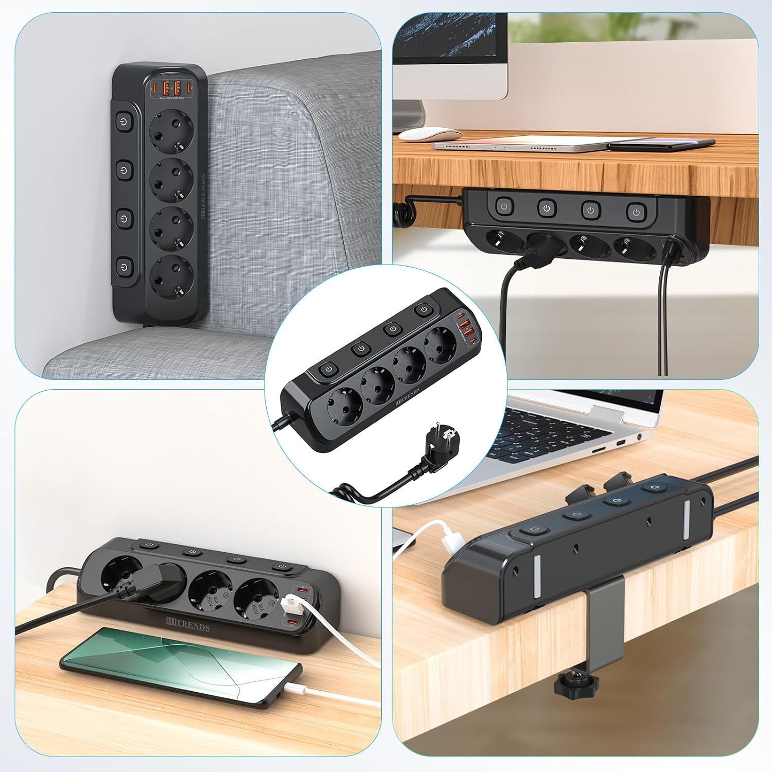 Detalle 1 de HITRENDS Black bordsuttag med USB-C PD 20 W och fyra strömbrytare