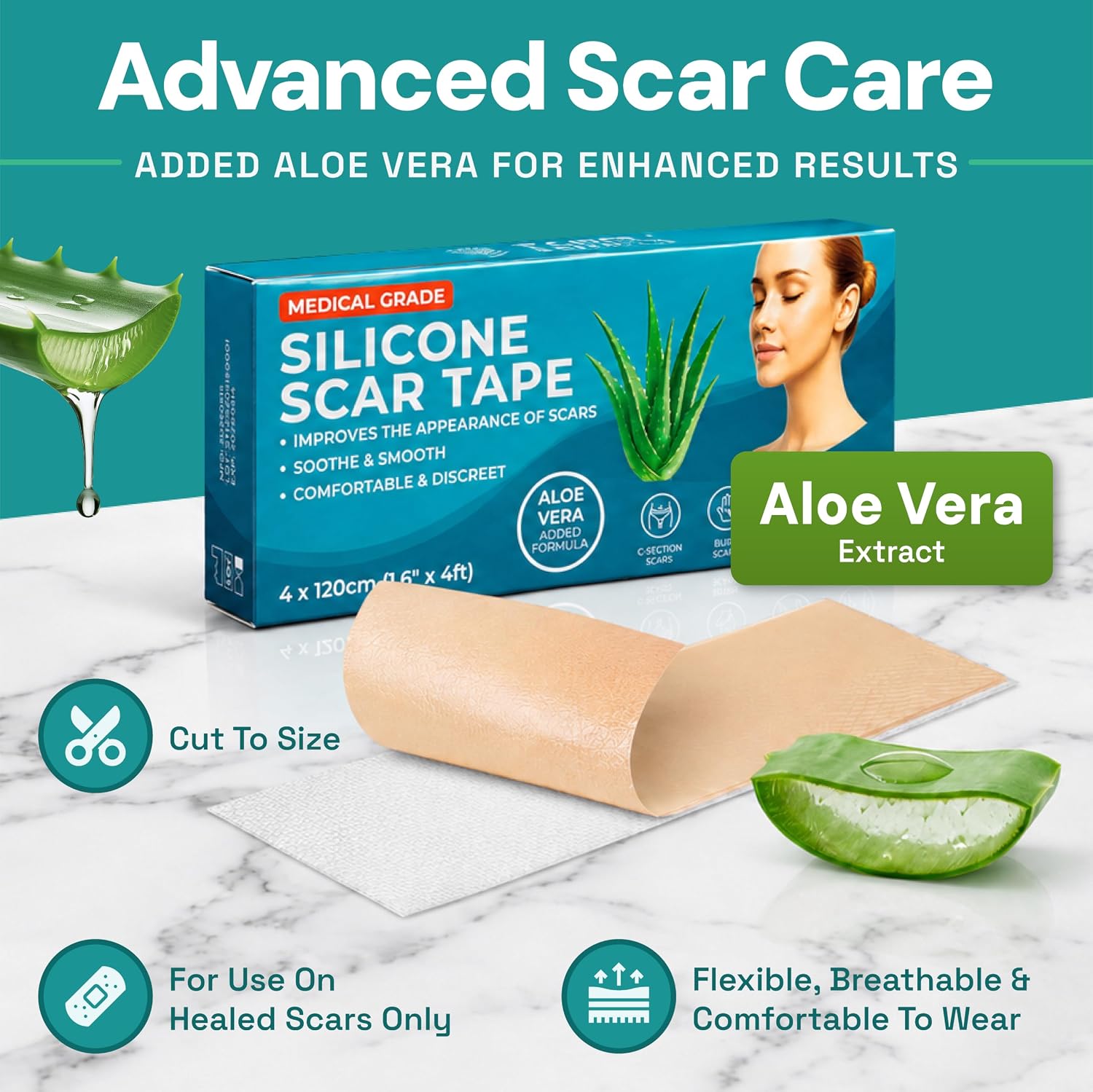 Detalle 2 de Silicone Scar Tape with Aloe Vera — Medical Grade Silicone Sheets & Tape for Surgical and C‑Section Scars (4cm x 1.2m)