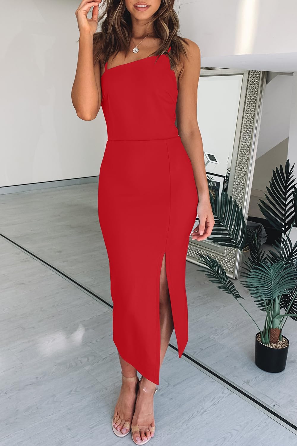 Thumbnail 4 de OWIN Women's Adjustable Spaghetti Straps Sleeveless High Waist Split Midi Bodycon Cocktail Party Dress