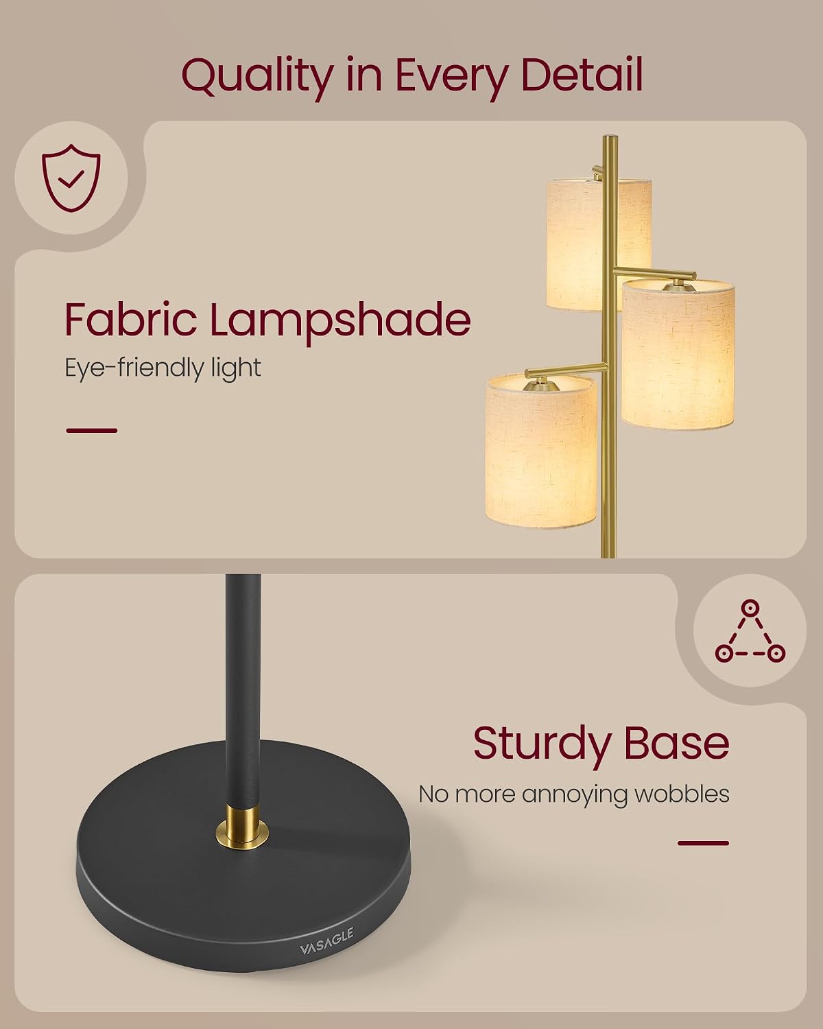Thumbnail 5 de VASAGLE LFL003B01 Floor Lamp, 3 Bulbs, Dimmable, Gold and Black