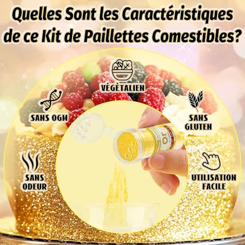 Detalle de Fidton Paillettes alimentaires comestibles, 7 couleurs vives, 3 g chacune