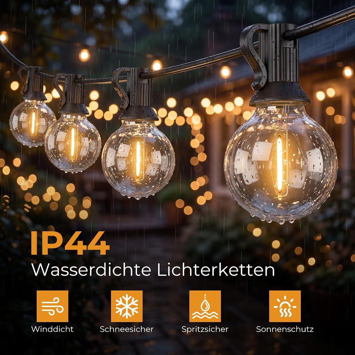 Detalle 2 de Litogo Außen-Lichterkette 15 m mit Fernbedienung – dimmbar, Timer, IP44, 18 LEDs, 24V Sicherheit, Warmweiß
