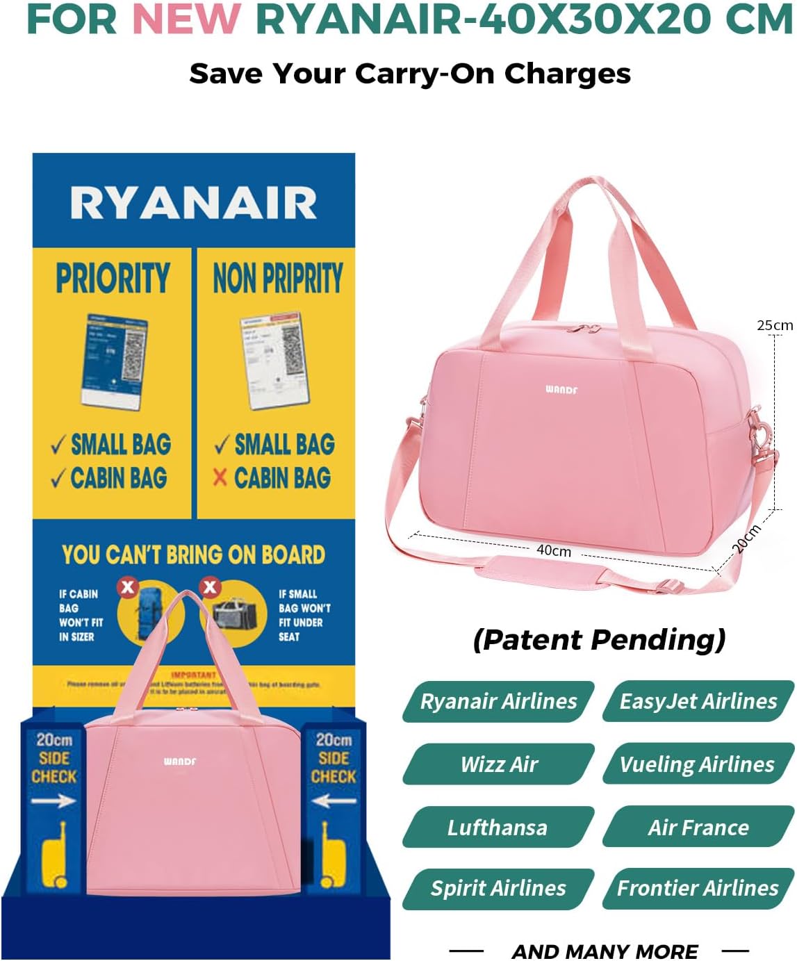 Thumbnail 1 de WANDF Ryanair cabin bag 40x30x20 underseat foldable travel duffel (Pink, 20L)