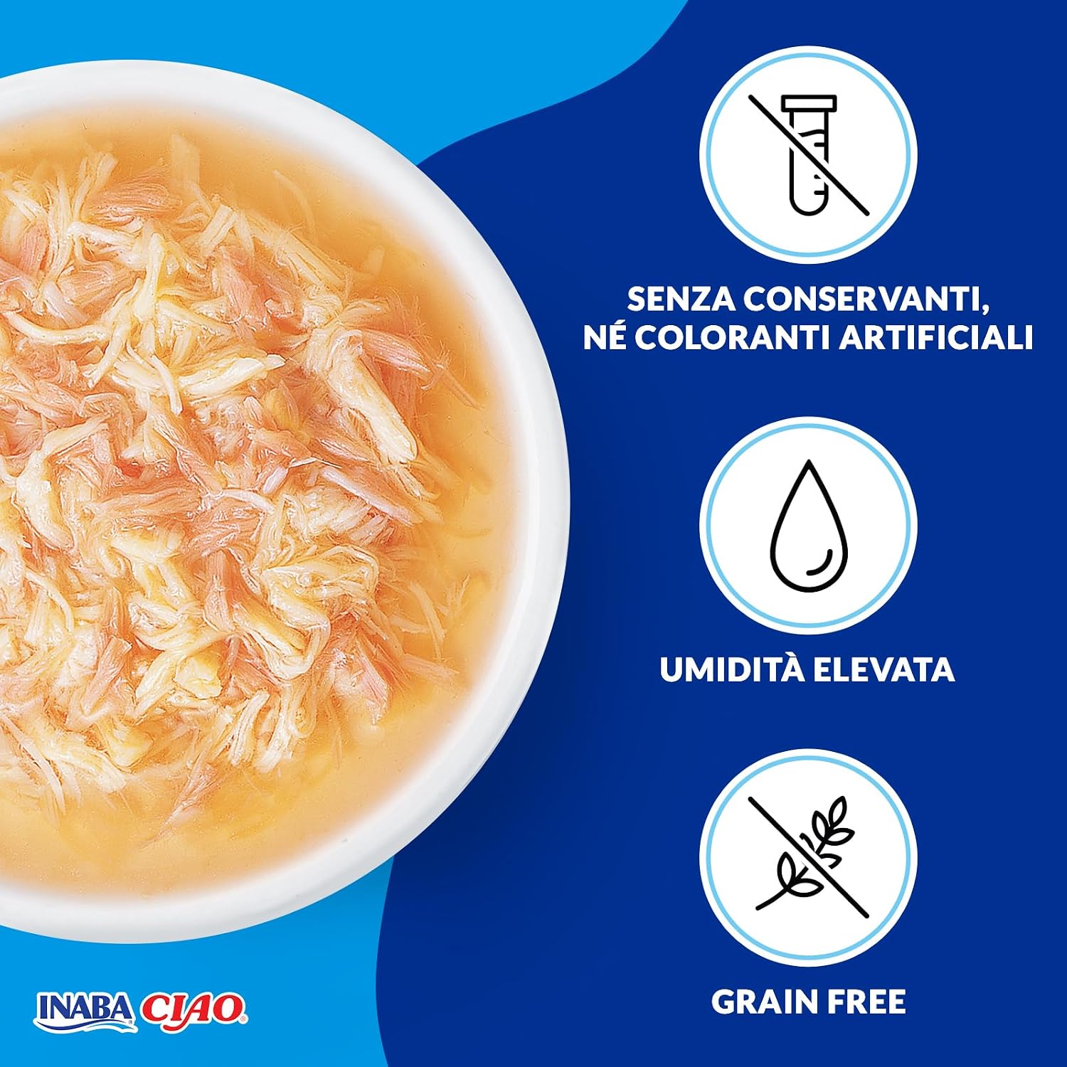Detalle de INABA CIAO Brodo di Pollo per Gatti in 3 Gusti — 10 Buste x 40 g, Cibo Umido con Straccetti di Pollo, Tonno, Salmone e Capesante