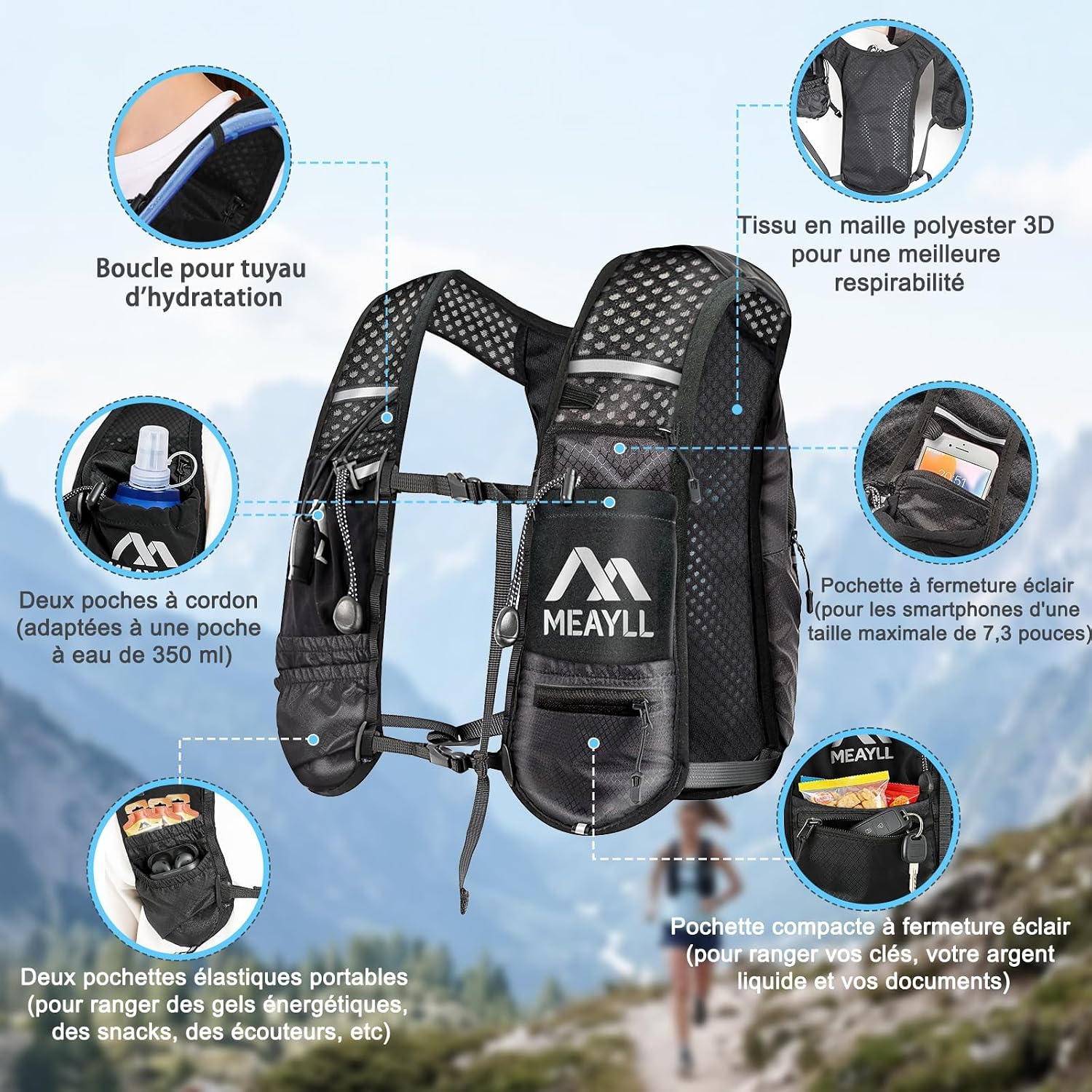 Detalle 2 de Laufweste mit 500 ml TPU-Trinkflasche – 7 l Fassungsvermögen, verstellbar, für Trailrunning, Radfahren und Wandern