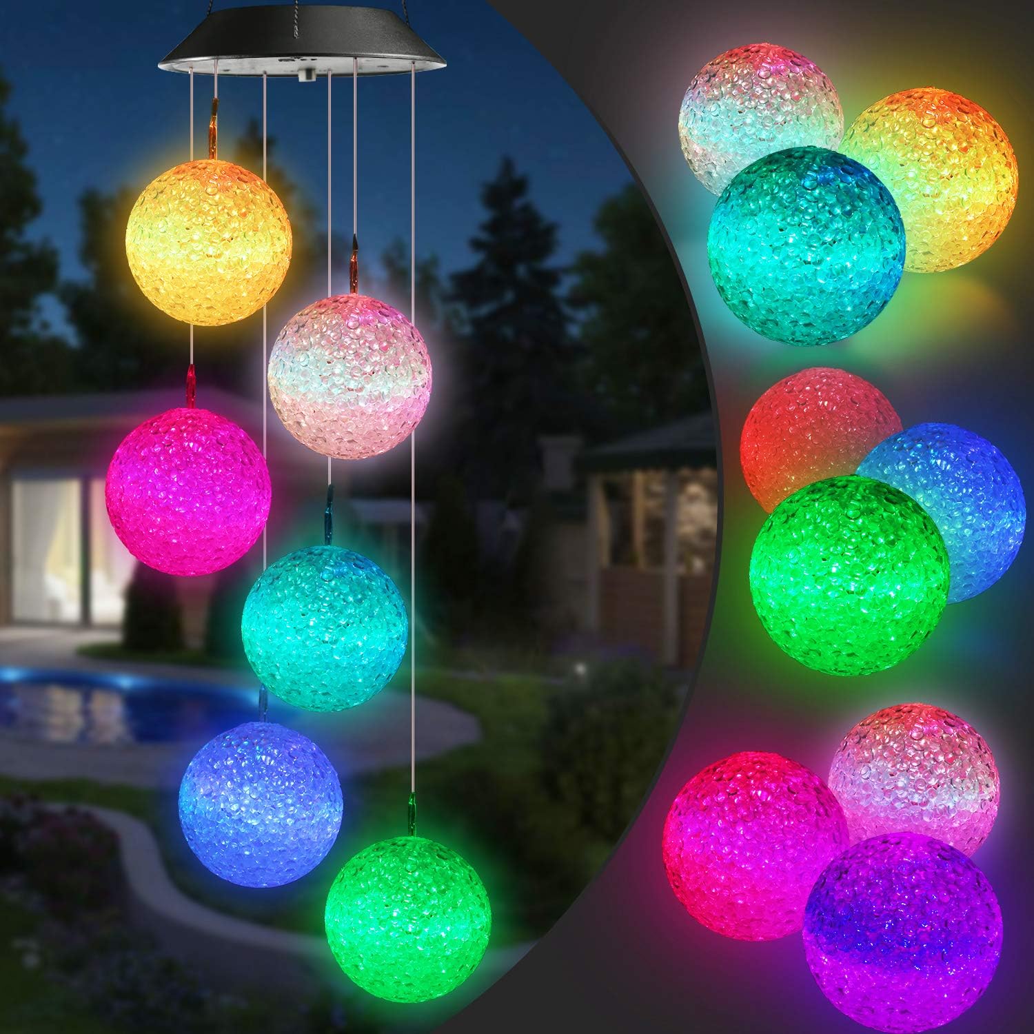 Detalle de Toodour Solar Wind Chime with 7-Color LED Ball Lights, 6 LEDs